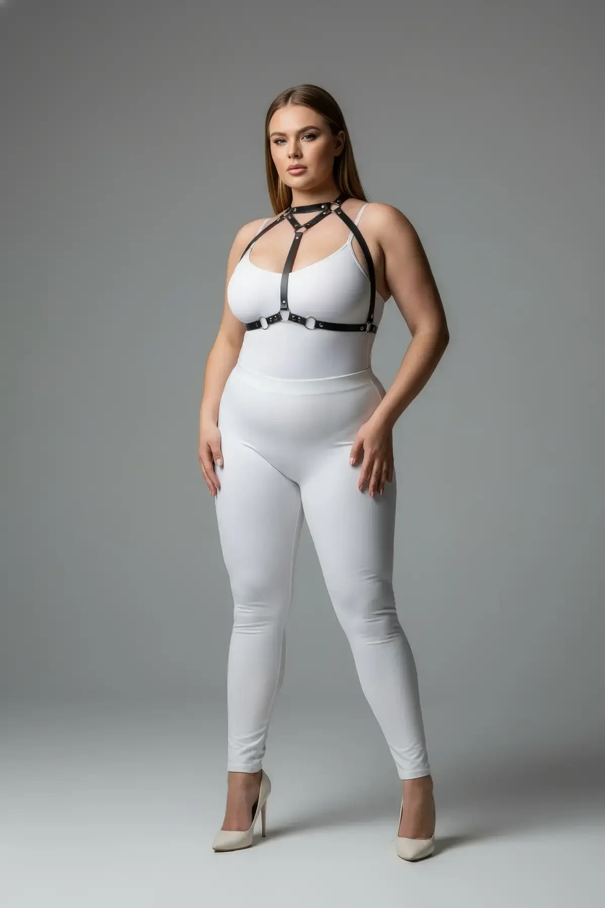 Large Size Black Women's Leather Harness Suit Ring Detailed Combination Accessory - APFT245