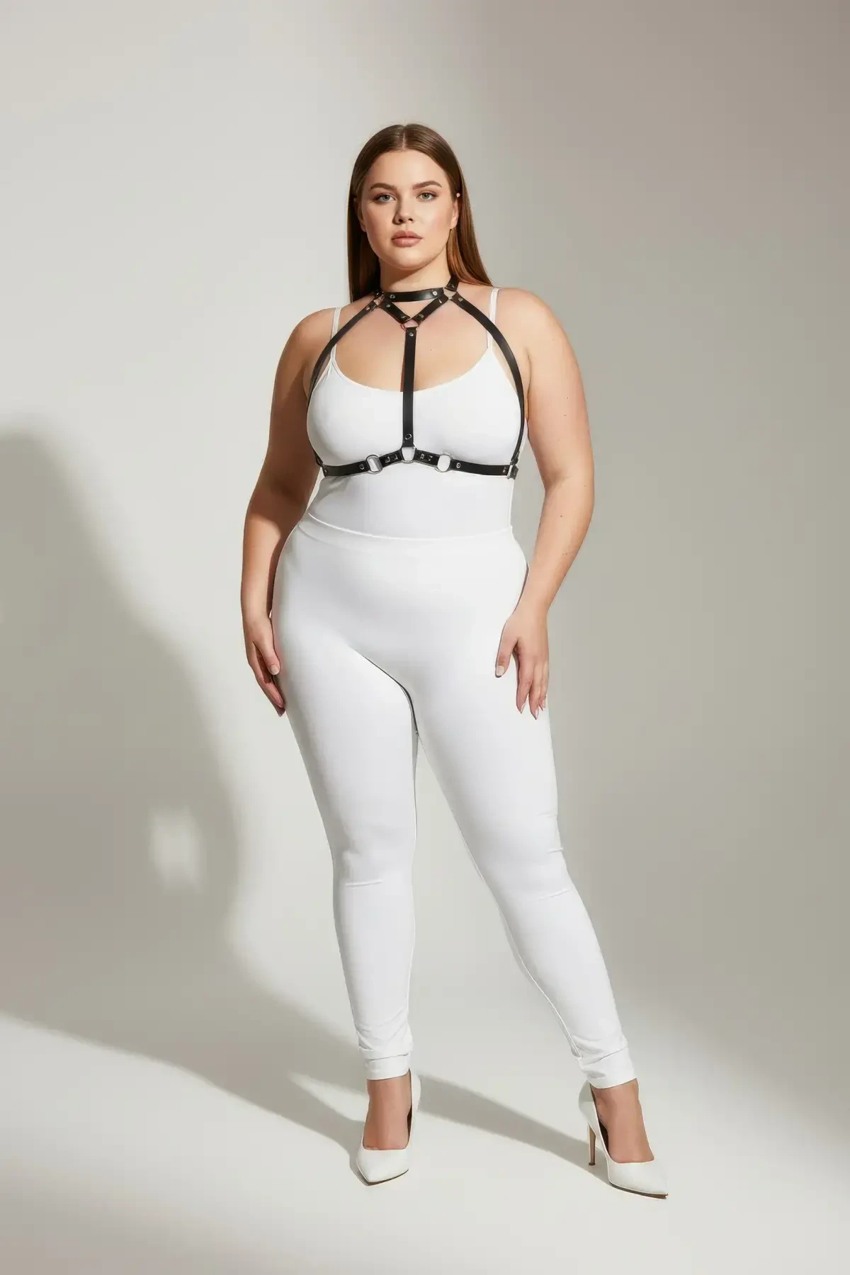 Büyük Beden Siyah Kadın Deri Harness Takım Halka Detaylı Kombin Aksesuarı - APFT245