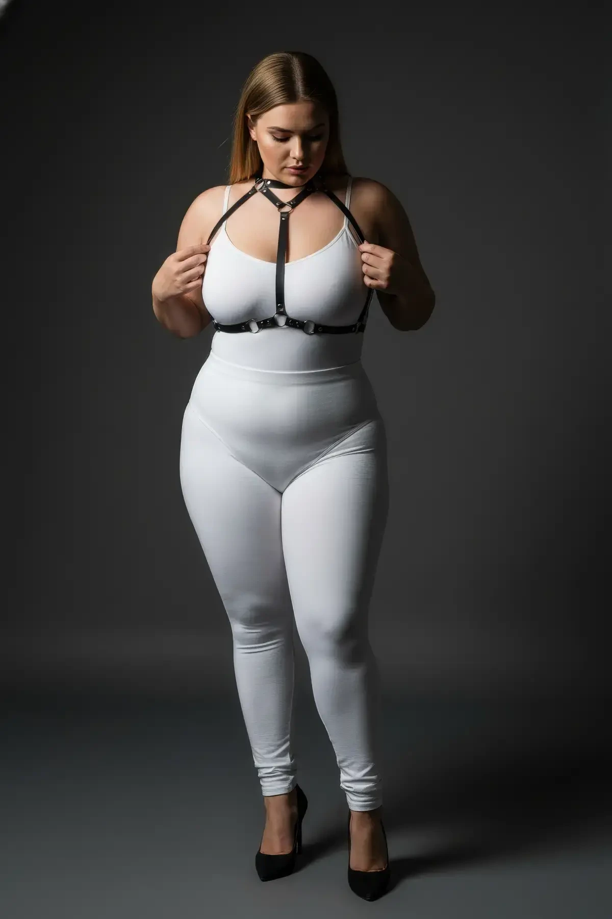 Büyük Beden Siyah Kadın Deri Harness Takım Halka Detaylı Kombin Aksesuarı - APFT245