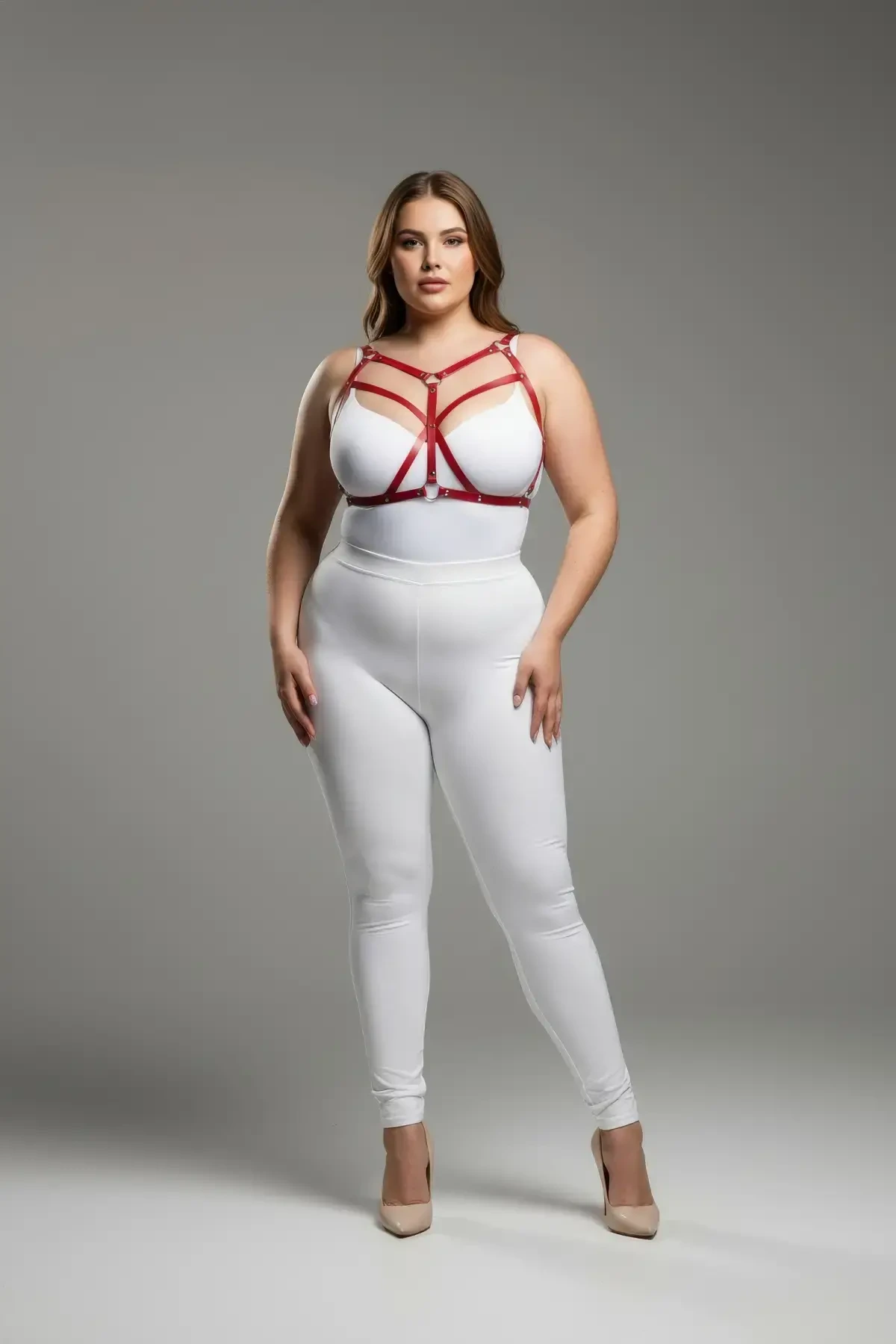 Large Size Red Women's Leather Harness Suit Cross Strap Aesthetic Body Accessory - APFT247