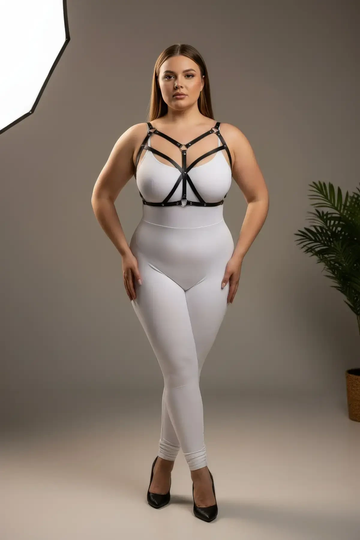 Plus Size Black Women's Harness Set Leather Bustier Accessory with Cross Detail - APFT247