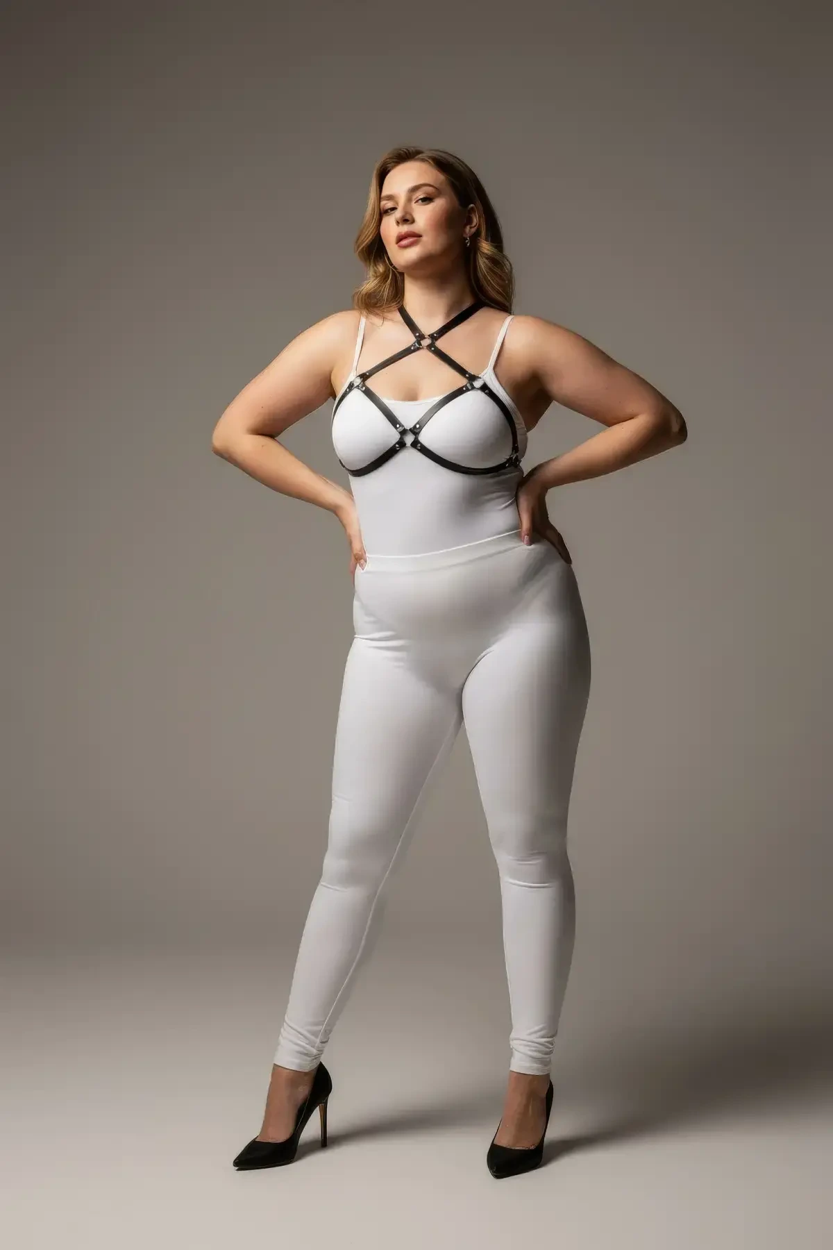 Large Size Black Women's Harness Ring Detailed Leather Chest Accessory - APFT263