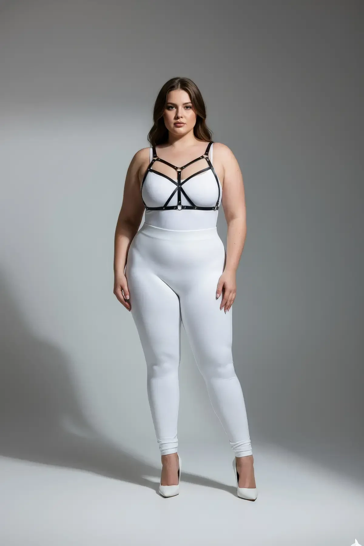 Plus Size Black Women's Leather Harness Suit Fancy Wear Ring Detailed - APFT265