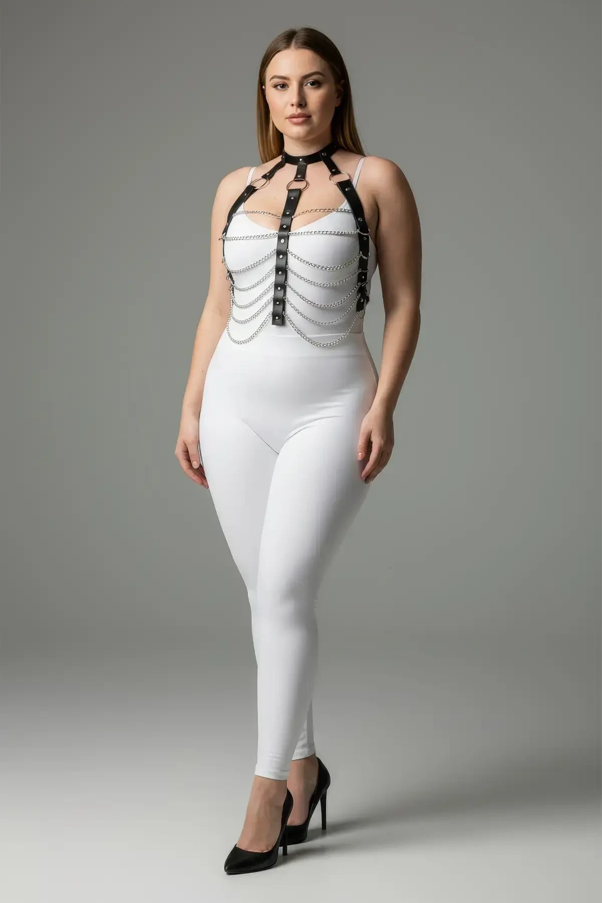 Plus Size Black Women's Chain Detailed Leather Harness Suit Fancy Accessory - APFT304