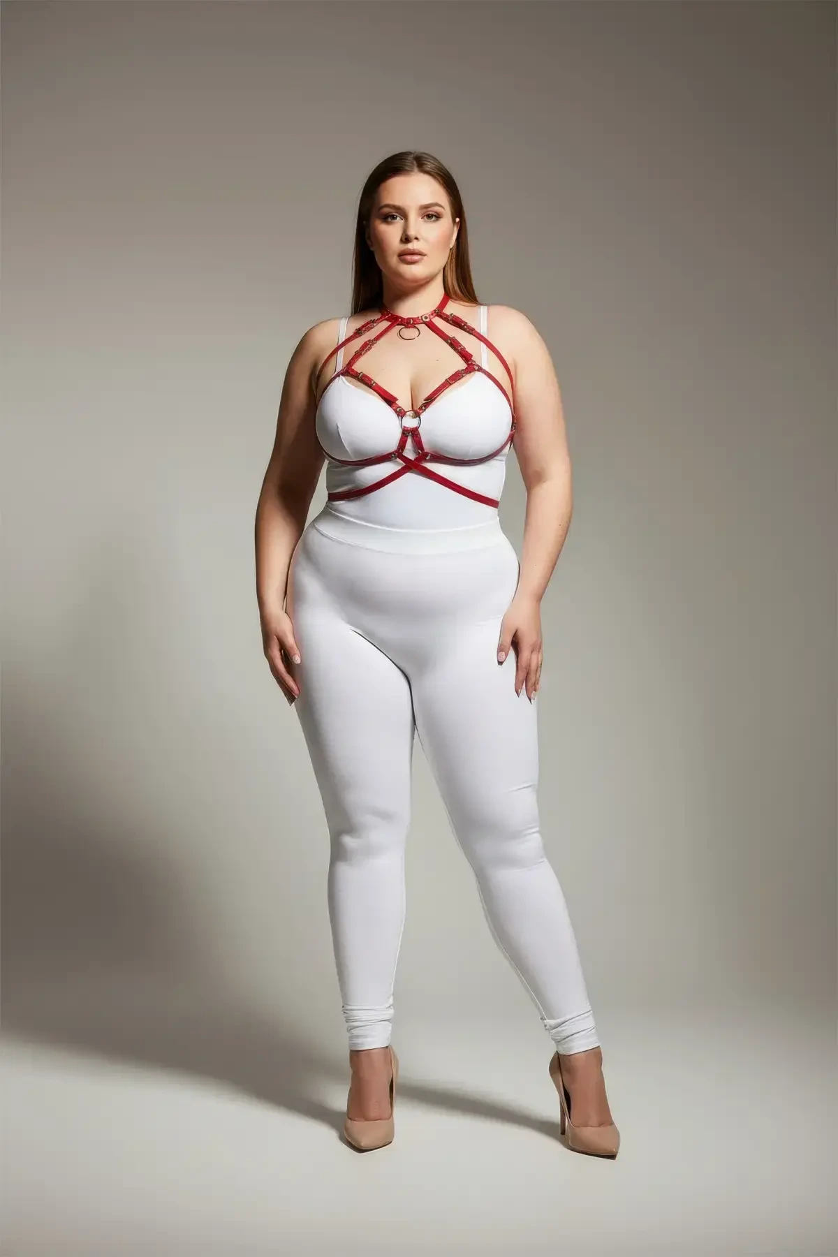 Large Size Red Women's Leather Harness Suit Ring Detailed Chest Accessory - APFT330