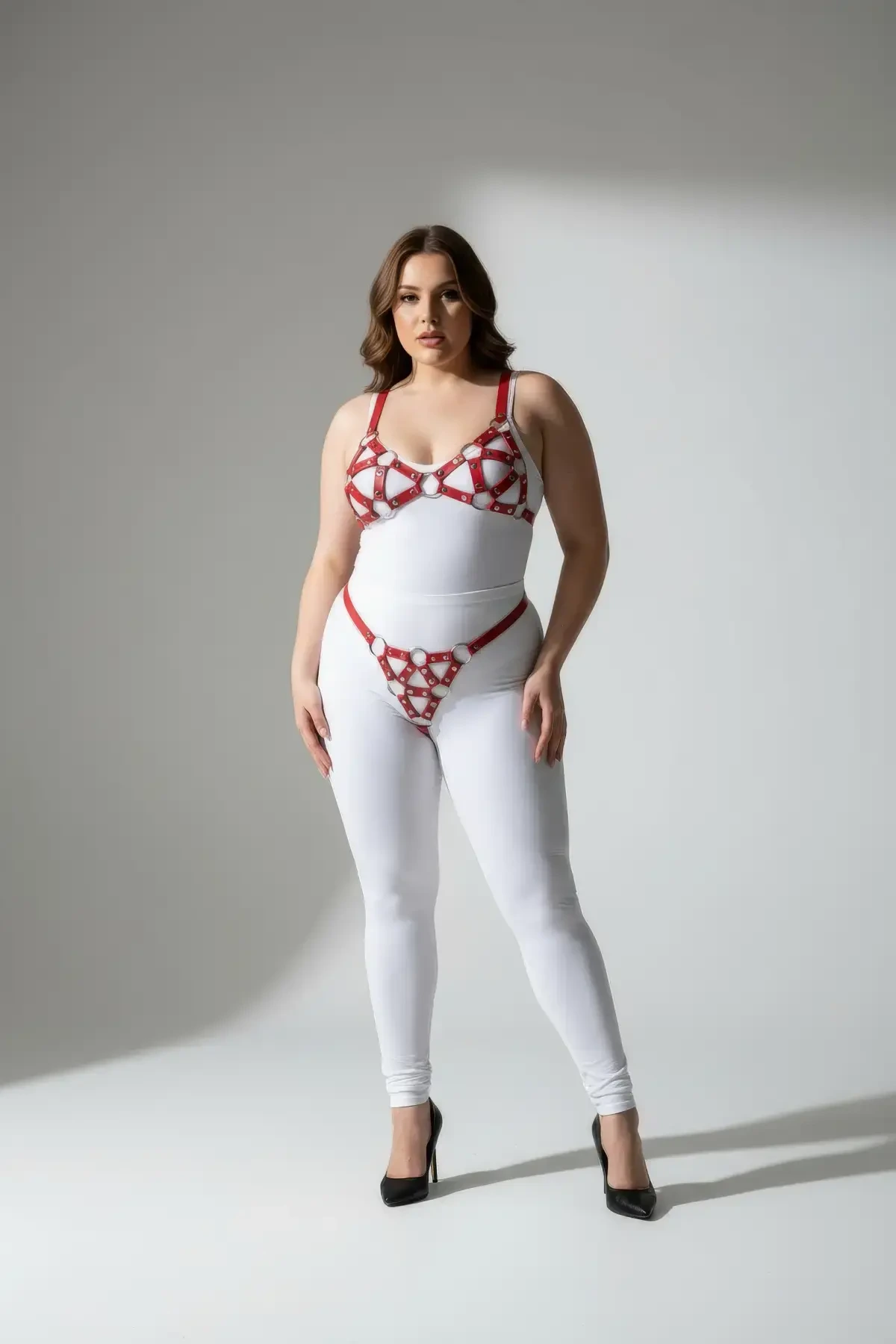 Plus Size Red Women's Leather Harness Set with Sexy Ring Detail - APFT422