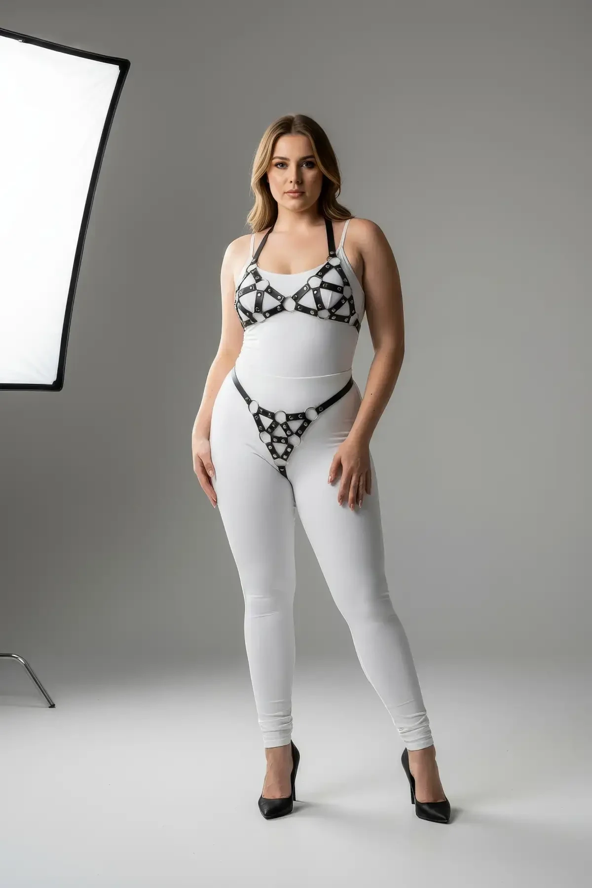 Plus Size Black Women's Harness Set Ring Detailed Sexy Leather Fancy Accessory - APFT422