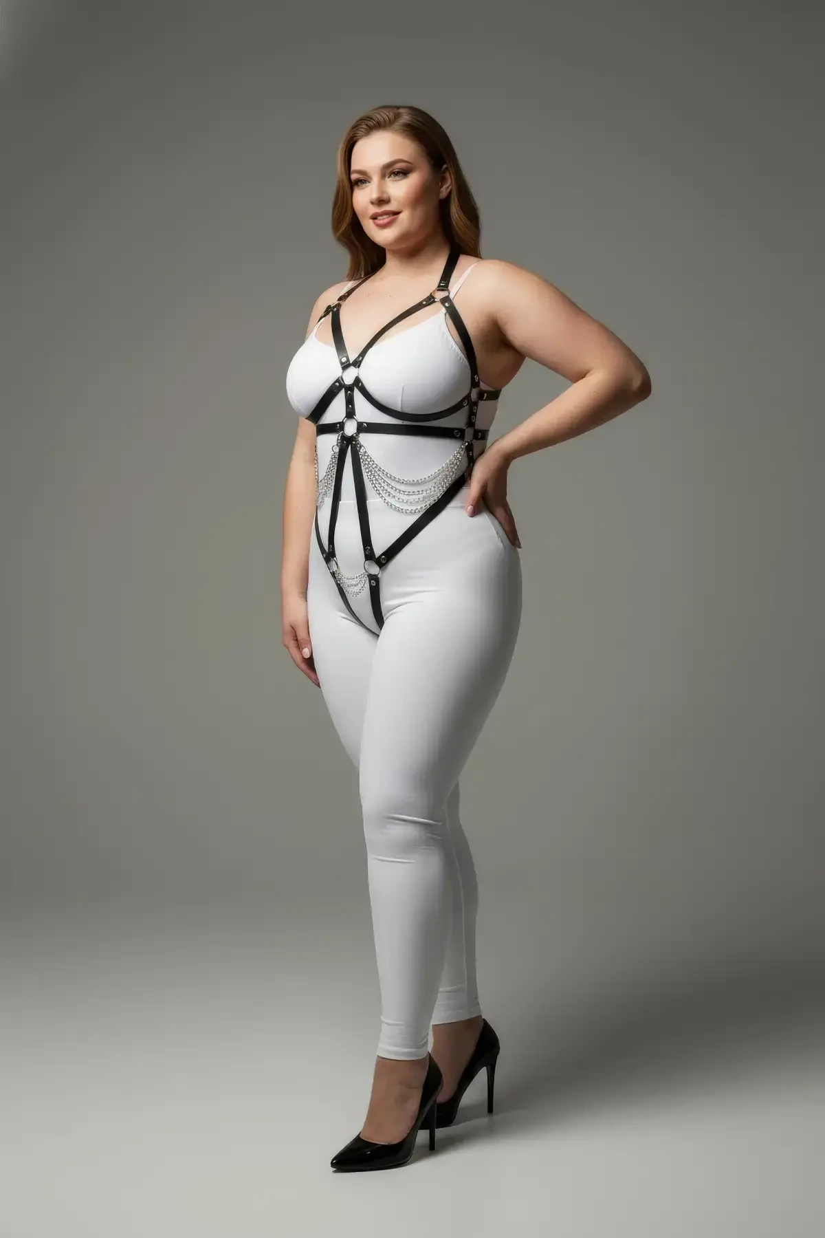 Plus Size Black Women's Leather Harness Set, Fancy Accessory with Chain and Ring Detail - APFT441