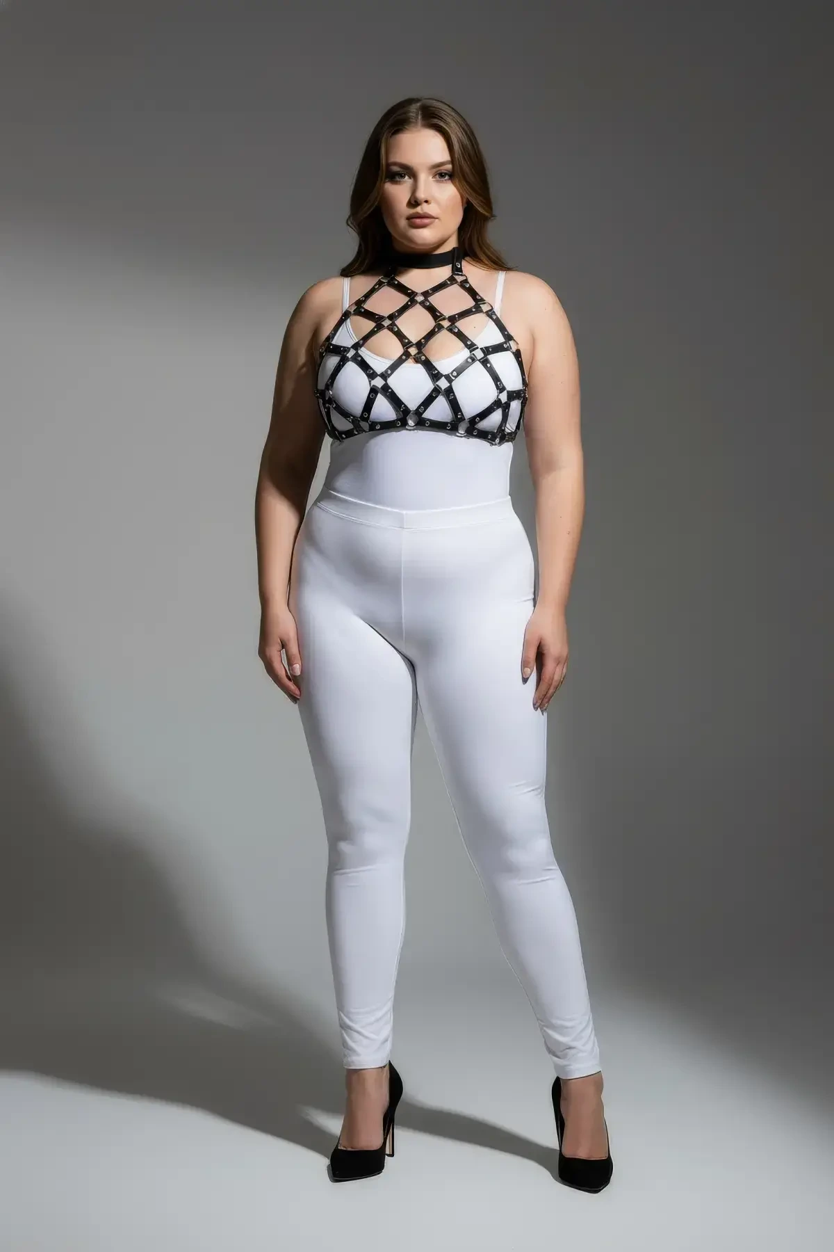 Large Size Black Women's Harness Set Fancy Leather Chest Accessory with Ring Detail - APFT443