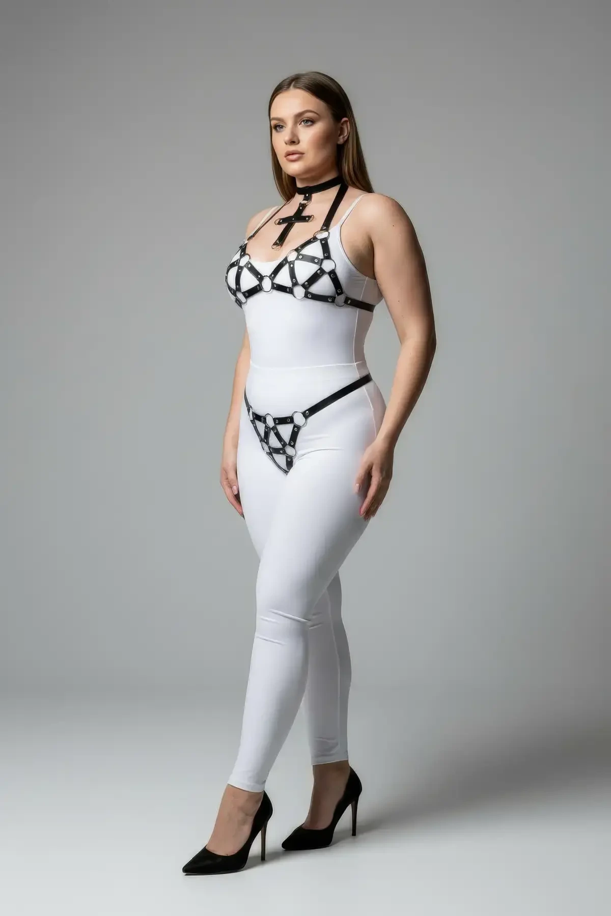 Plus Size Black Women's Leather Harness Set with Ring Detail Stylish Design - APFT464