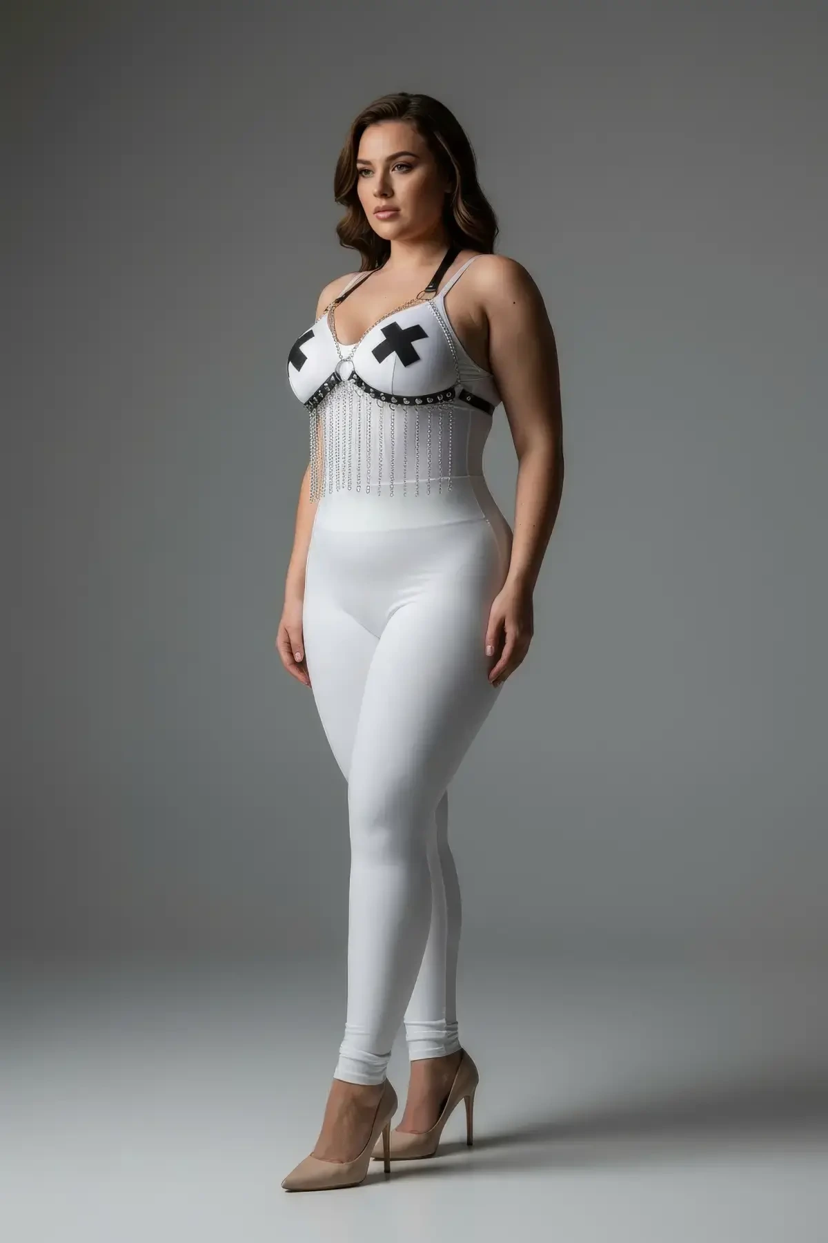 Plus Size White Women's Harness Suit Chain Detailed Leather Fancy Accessory - APFT477