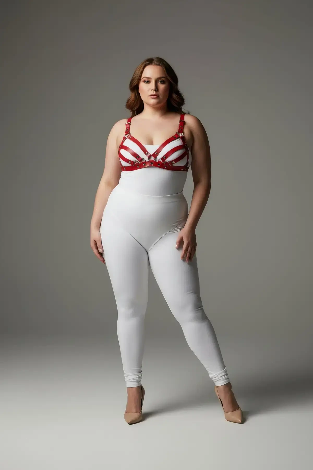 Plus Size Red Women's Leather Bra Harness Set Stylish Fancy Accessory - APFT733