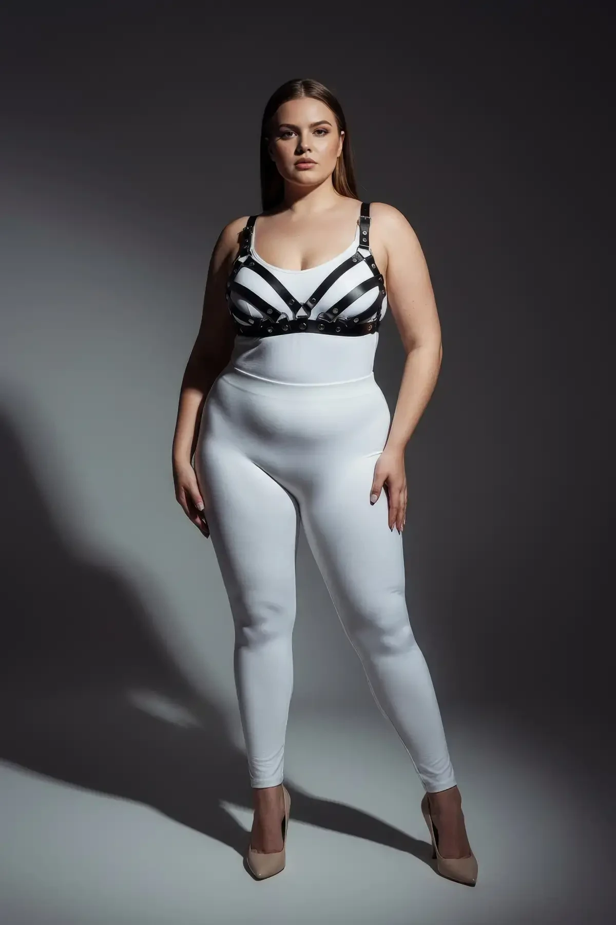 Plus Size Black Women's Leather Bra Harness Set with Adjustable Straps - APFT733