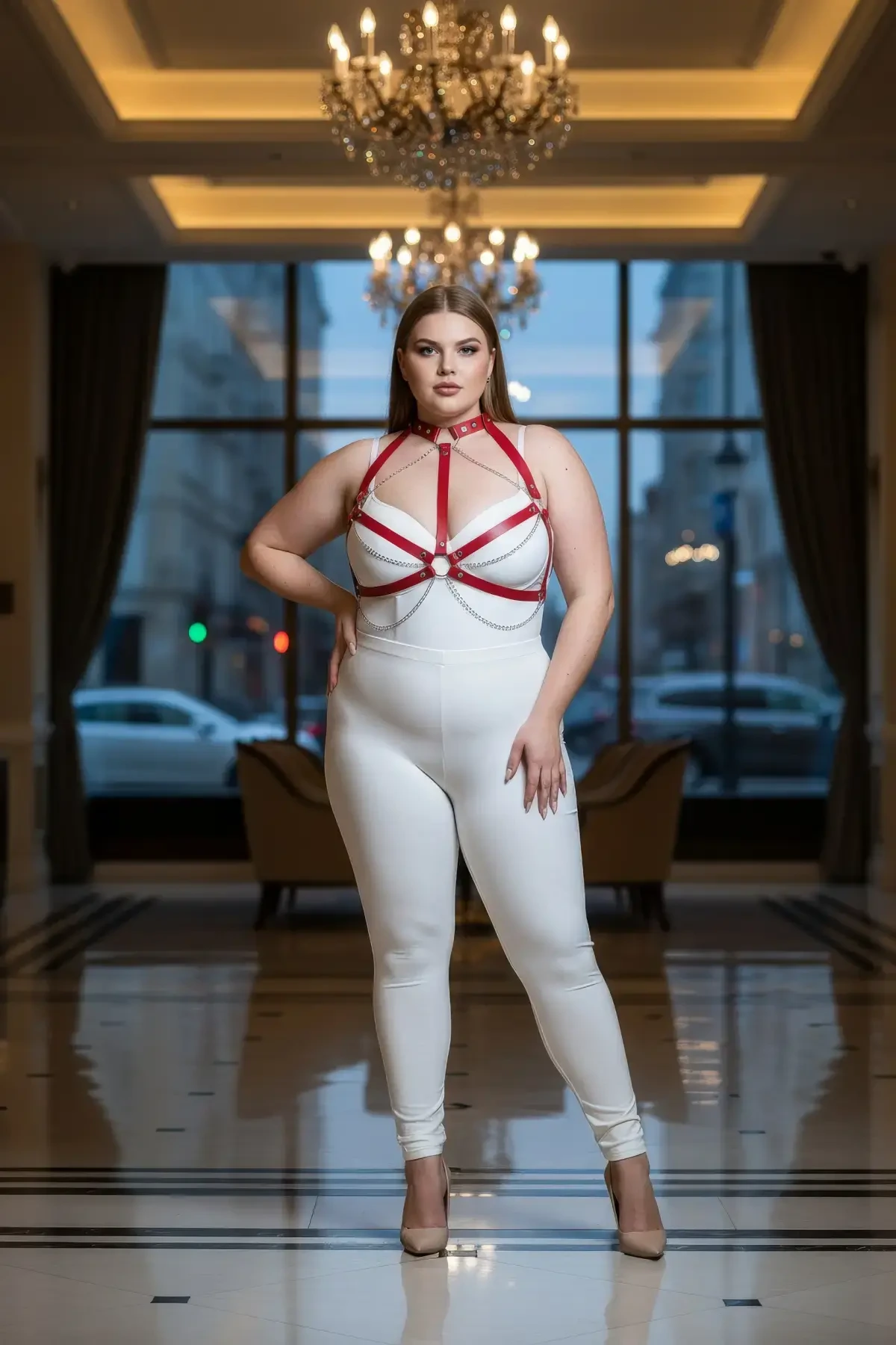 Plus Size Red Women's Leather Harness Suit with Chain Detail Special Design - APFT796