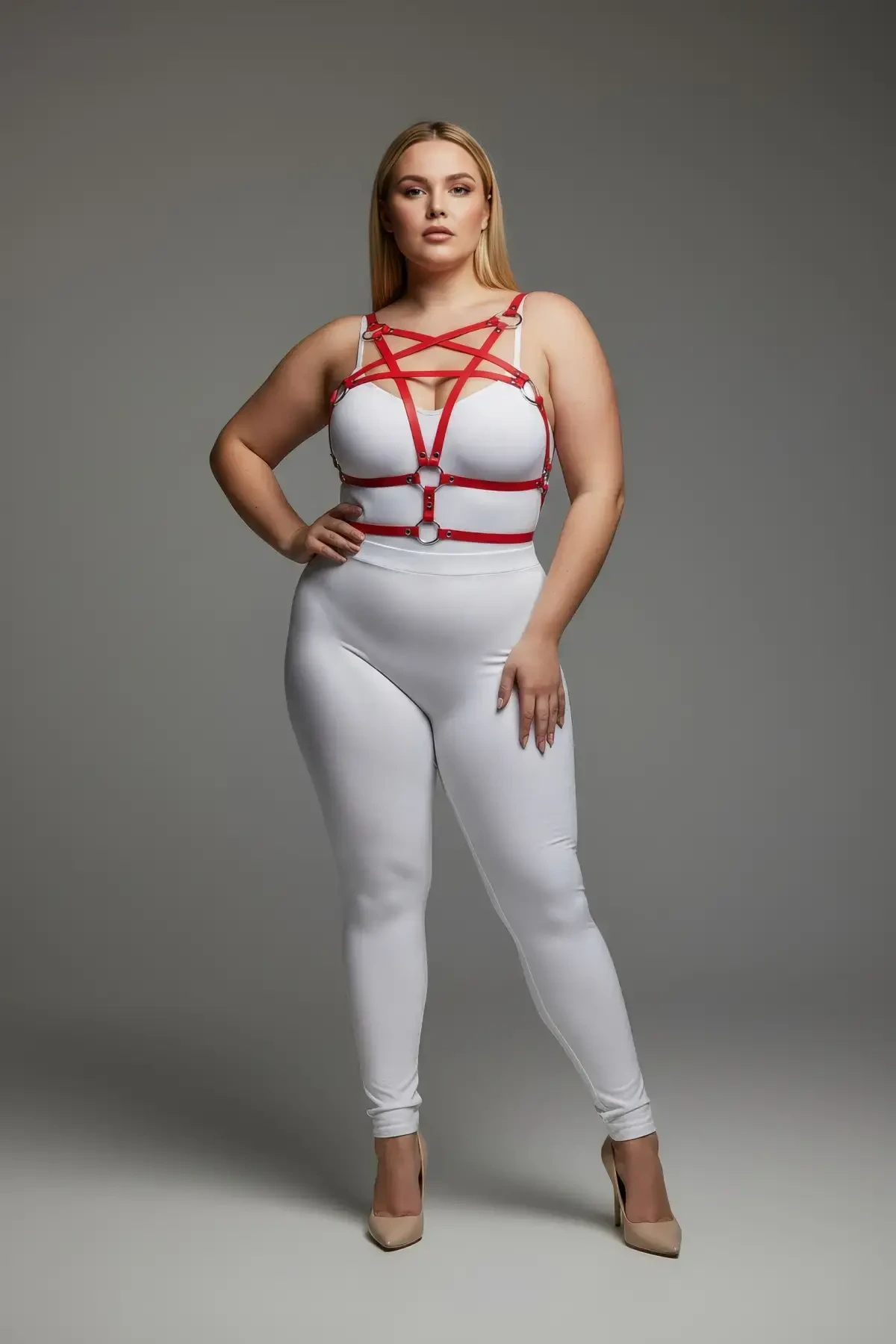 Plus Size Red Women's Leather Harness Set with Ring Detail Fancy Accessory - APFT821