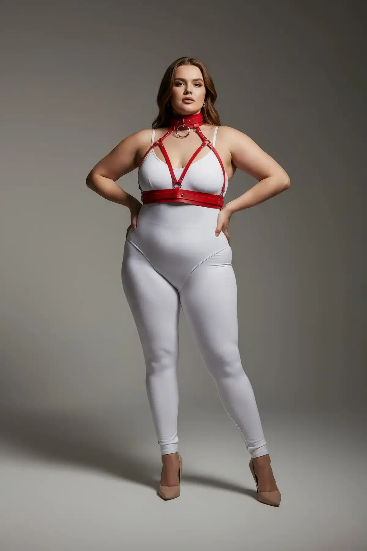 Plus Size Red Women's Harness Suit Fancy Leather Collar Detailed Body Accessory - APFT841