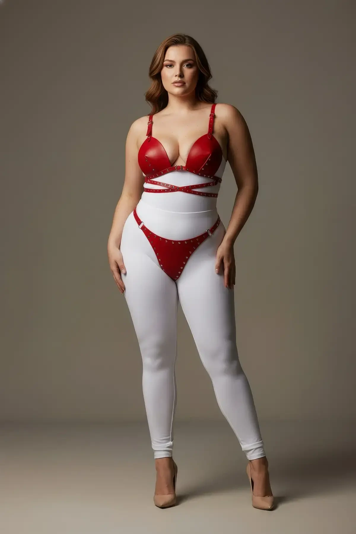 Plus Size Red Women's Harness Suit with Sexy Leather Staple Detail - APFT849