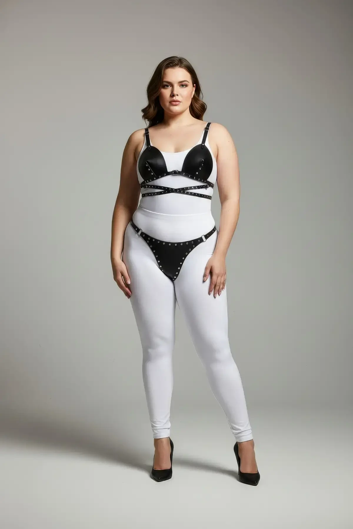 Plus Size Black Women's Harness Set Leather Fancy with Staple Detail - APFT849