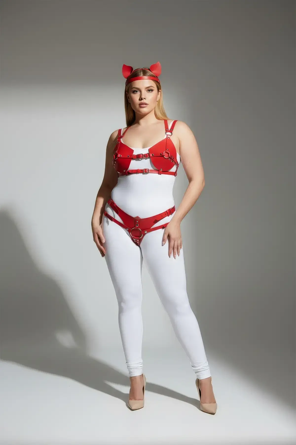 Plus Size Red Women's Harness Set with Cat Ears Leather Fancy Accessory - APFT871