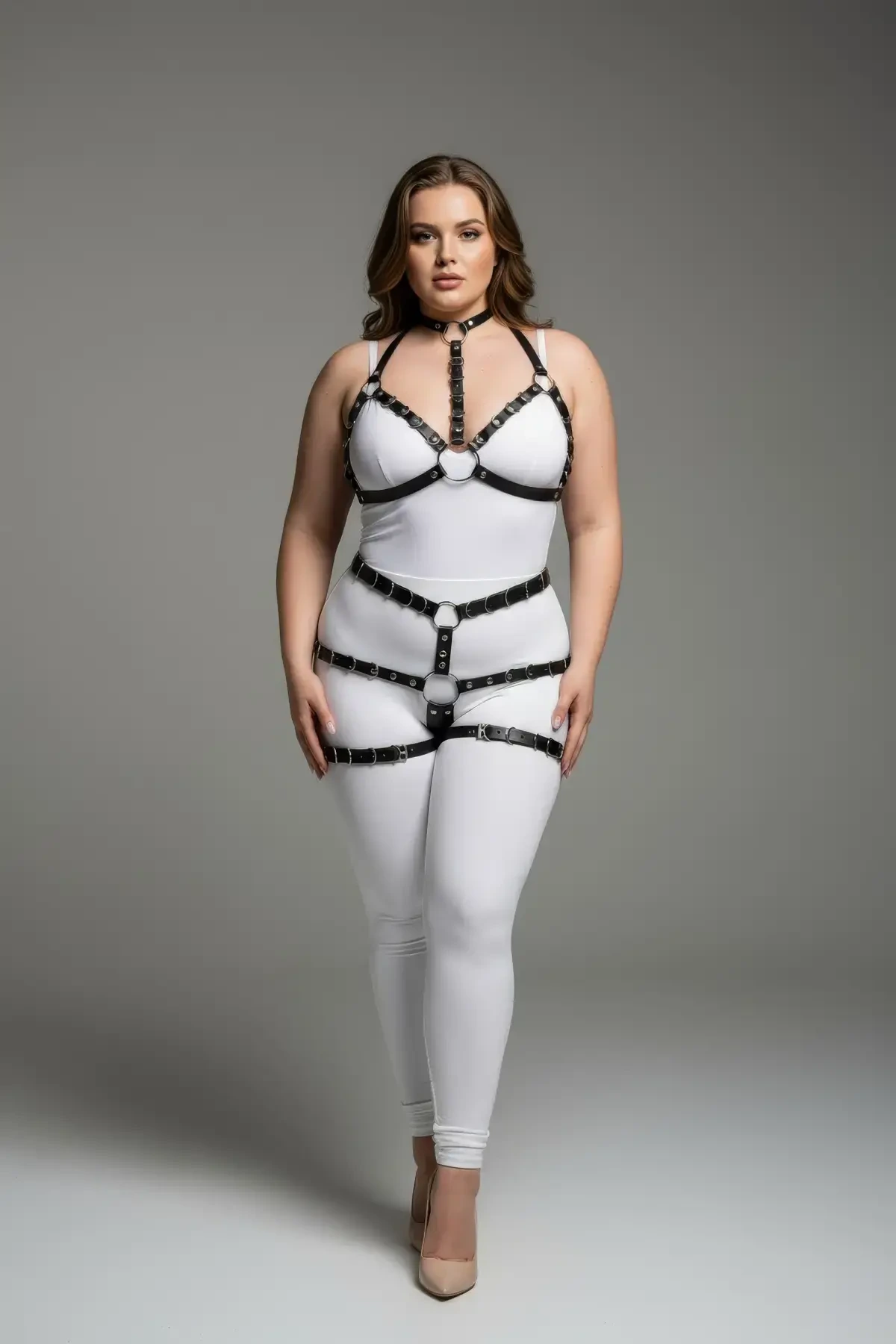 Plus Size Black Women's Harness Suit Adjustable Leather Look Body Accessory - APFT874