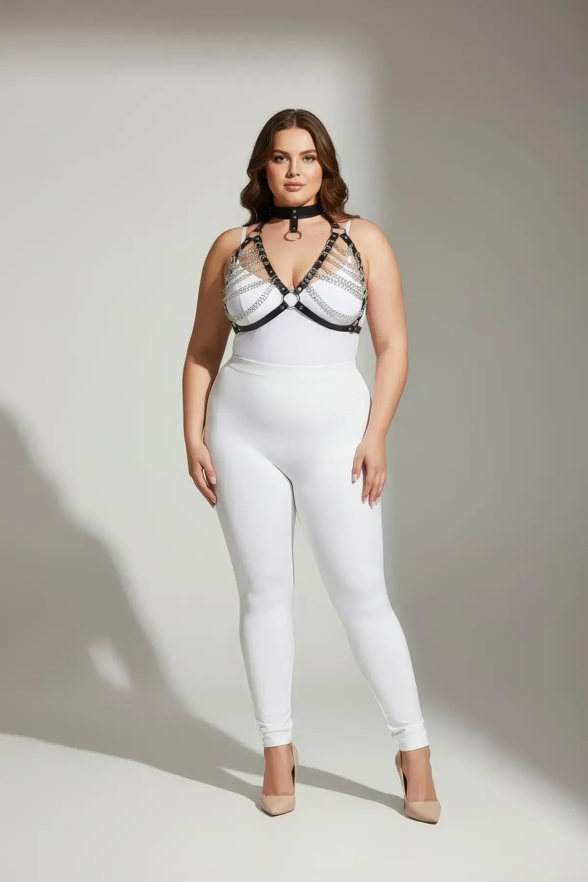 Plus Size Black Women's Harness Suit Chain Detailed Leather Body Accessory - APFT945