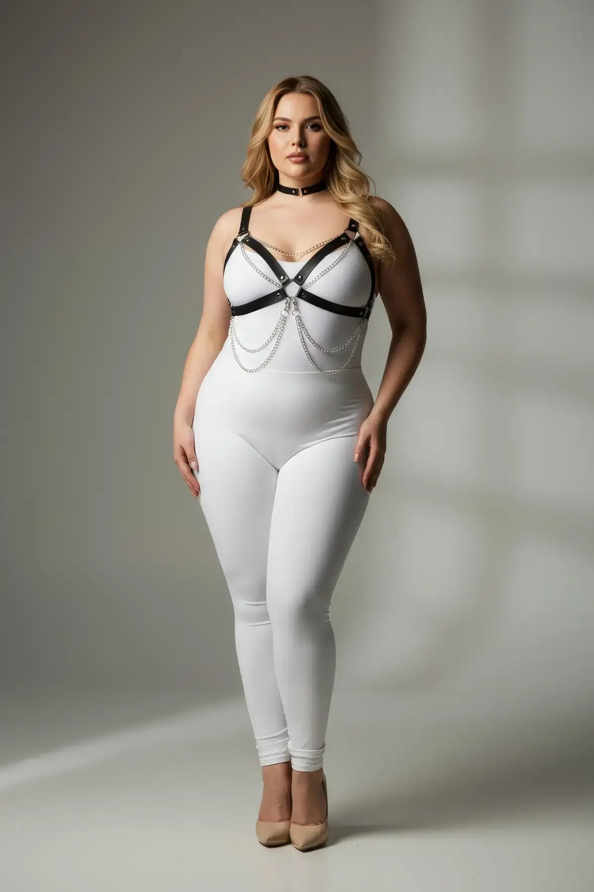 Plus Size Black Women's Harness Suit Leather Body Accessory with Chain Detail - APFT952