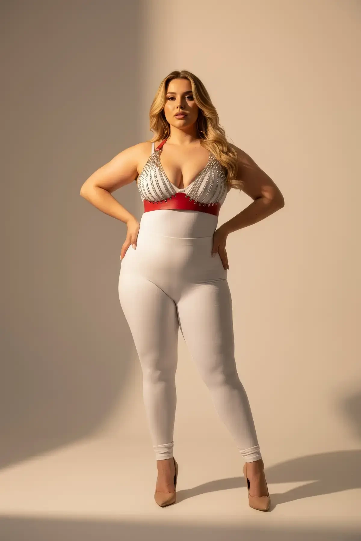 Plus Size Red Women's Leather Harness Set with Chain Detail - APFT964