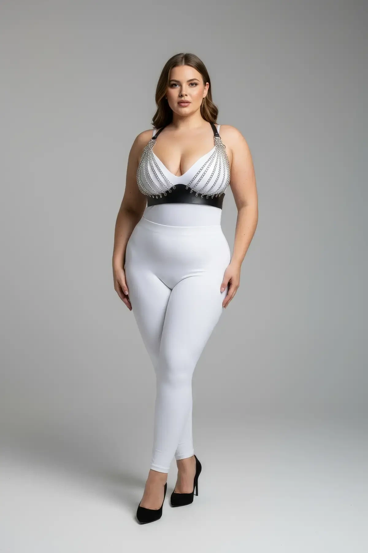 Plus Size Black Women's Harness Suit Chain Detailed Leather Fancy Accessory - APFT964