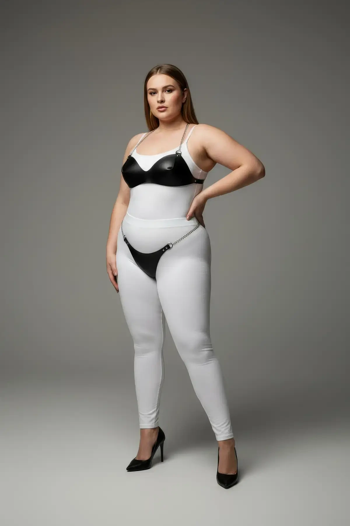 Plus Size Black Women's Harness Suit with Chain Detail and Fancy Leather Look - APFT1169