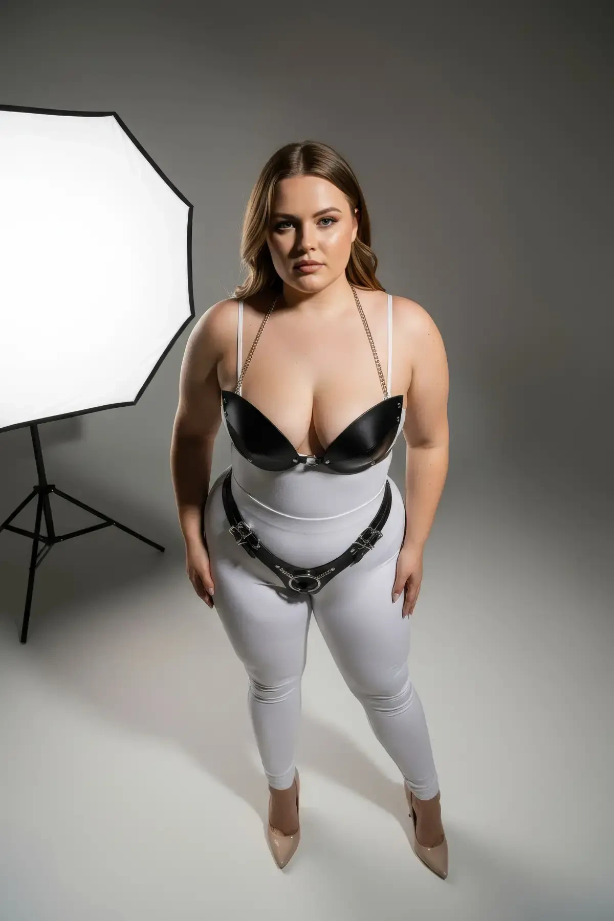 Plus Size Black Women's Leather Harness Suit with Chain Detail Fancy Accessory - APFT1223