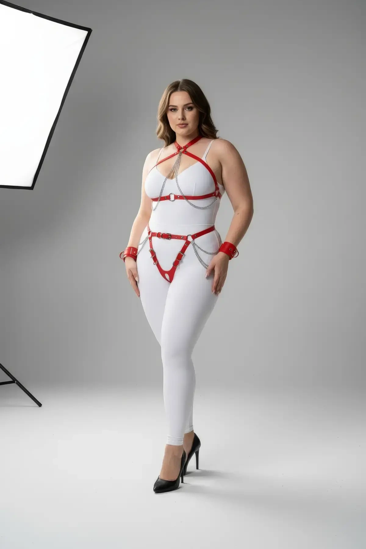 Plus Size Red Women's Harness Suit Chain Detailed Leather Fancy Accessory - APFT1224