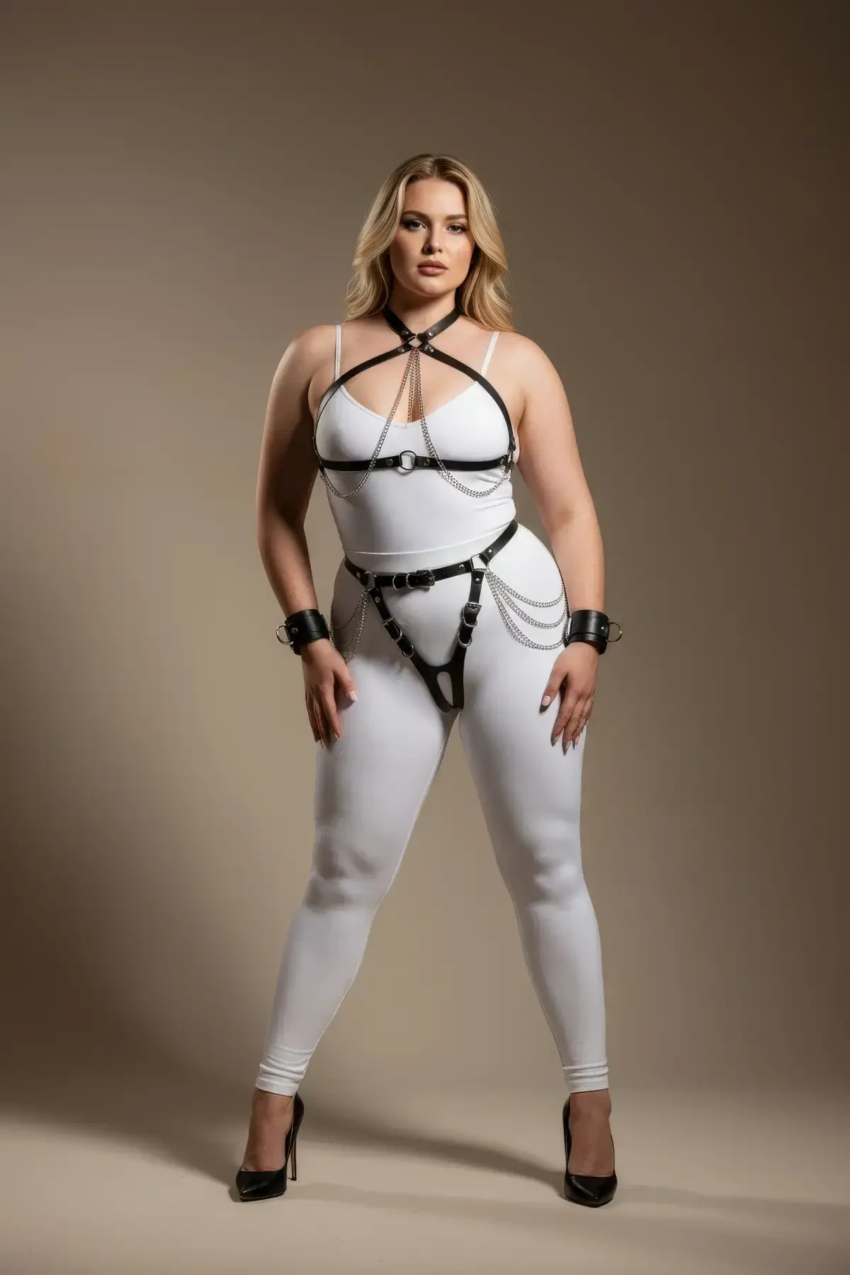 Plus Size Black Women's Leather Harness Set with Chain and Garter Detail - APFT1224