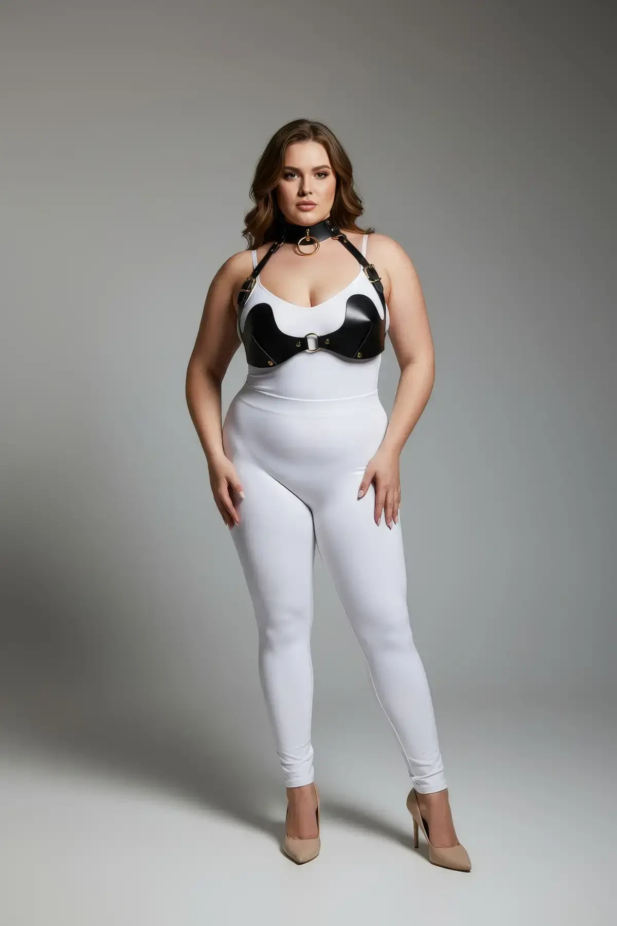 Plus Size Black Women's Harness Set Sexy Leather with Chest and Choker Detail - APFT1226