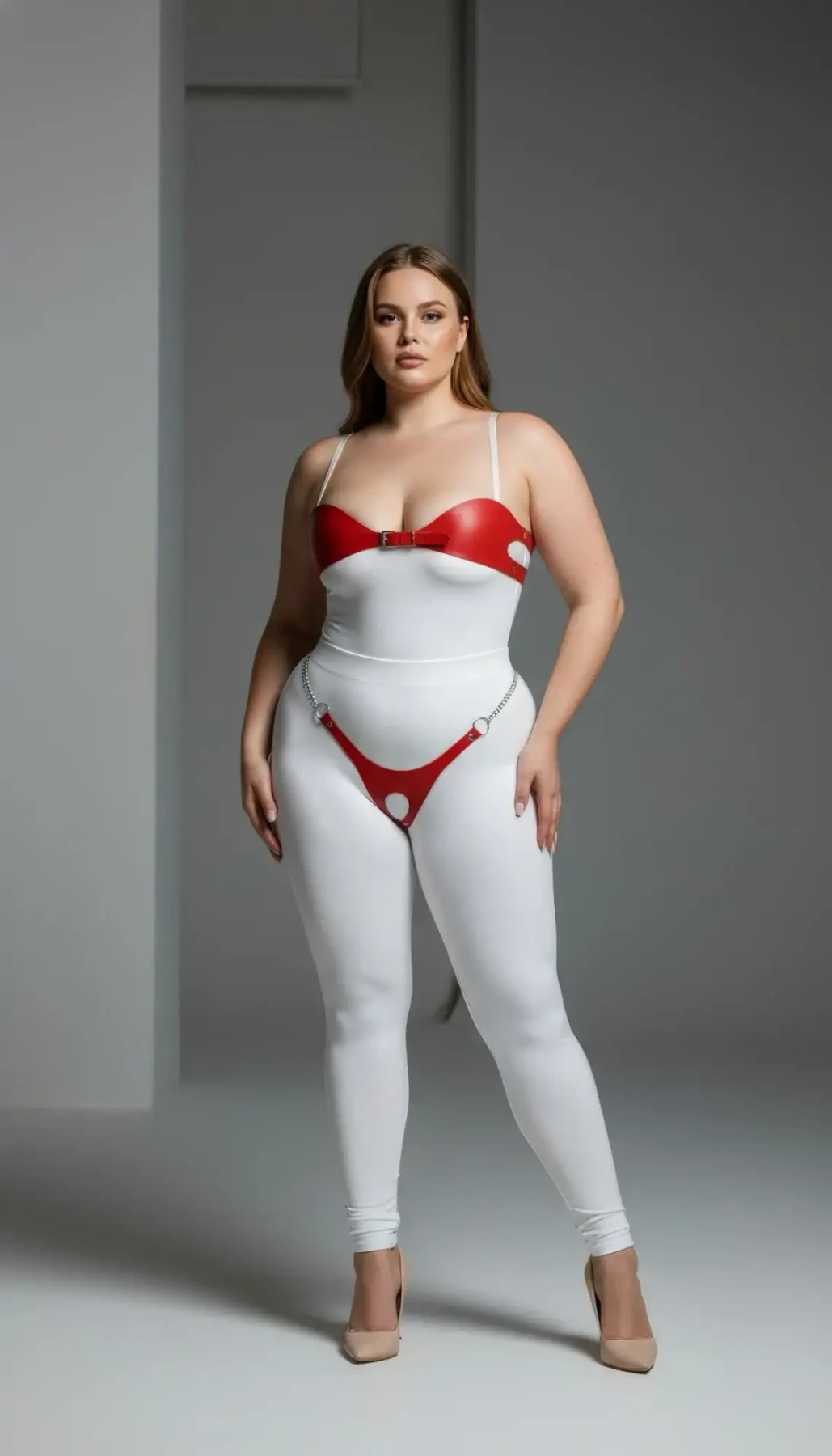 Plus Size Red Women's Leather Chain Detailed Fancy Harness Set - APFT1234