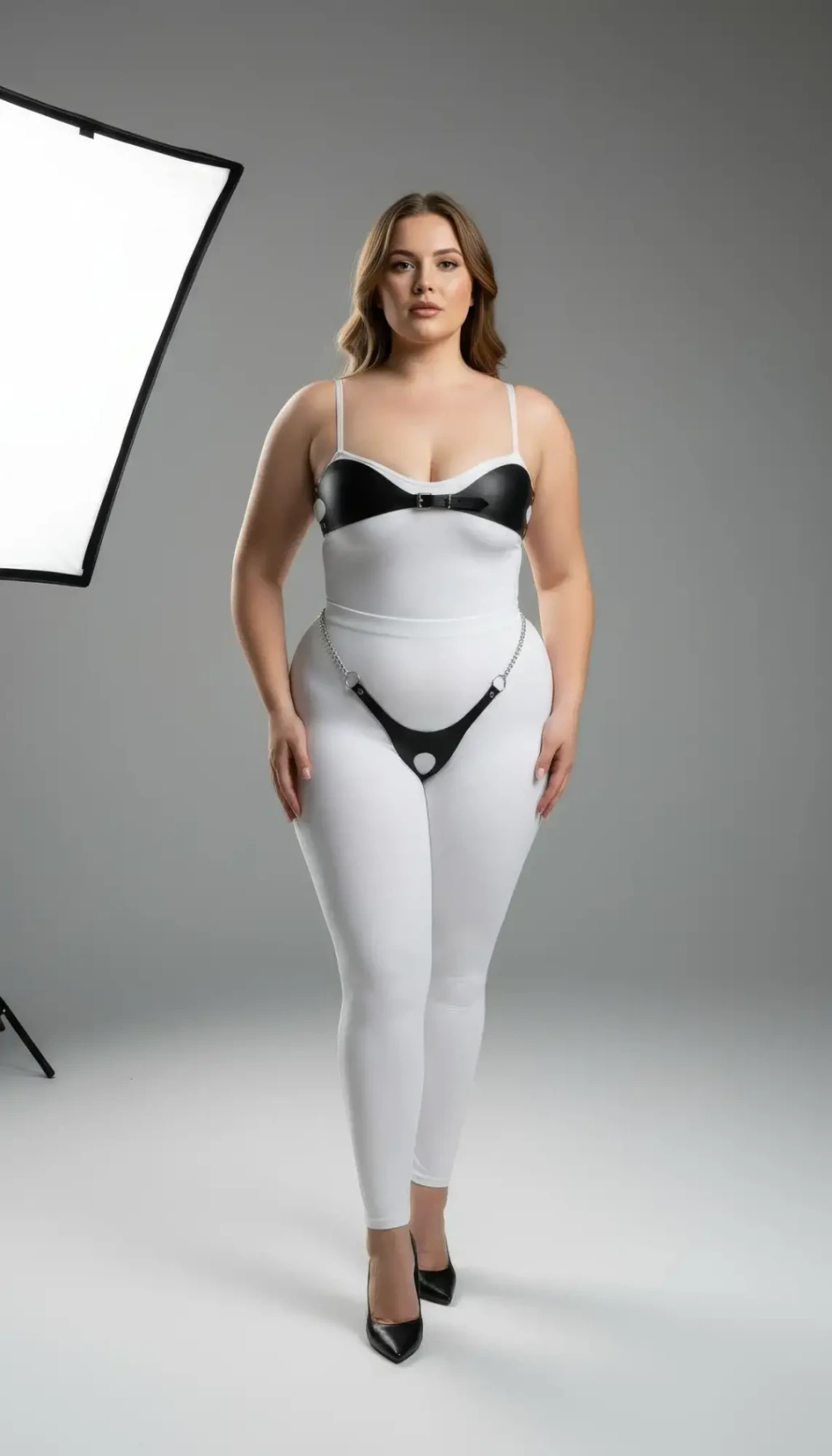 Plus Size Black Women's Harness Set with Chain and Ring Detail Leather Fancy Accessory - APFT1234