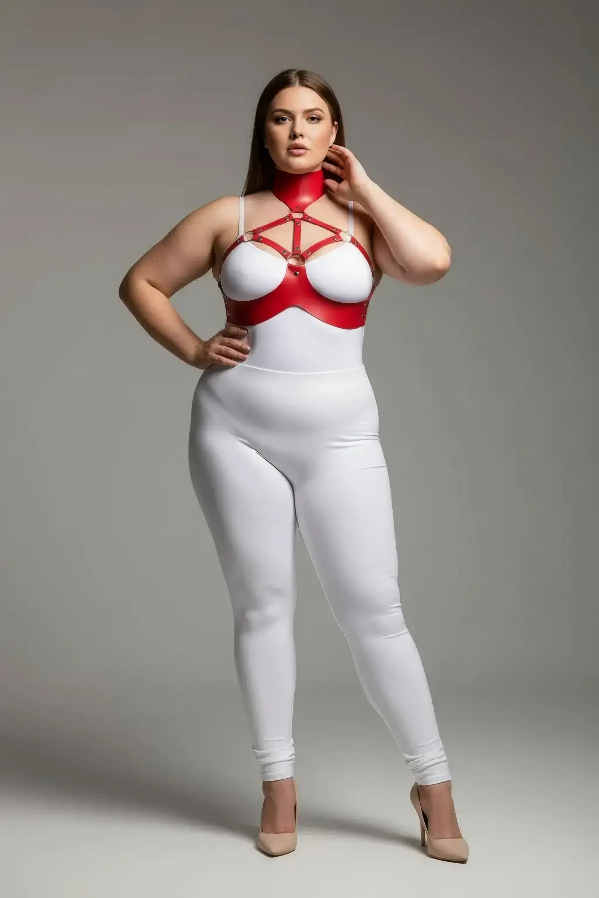 Plus Size Red Women's Harness Suit Neck Collar Detailed Leather Fancy - APFT1237