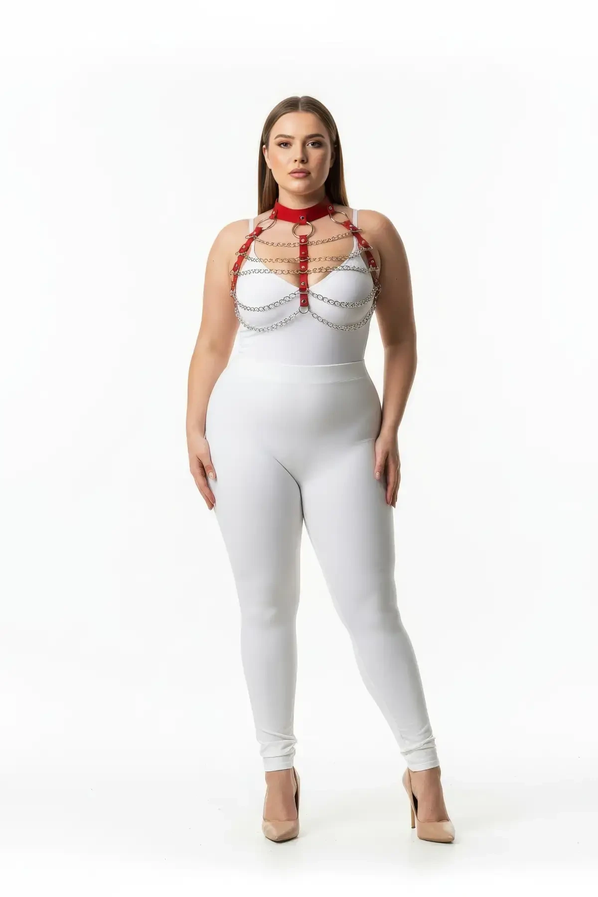 Plus Size Red Women's Leather Harness Suit Chain Detailed Stylish Accessory - APFT1285