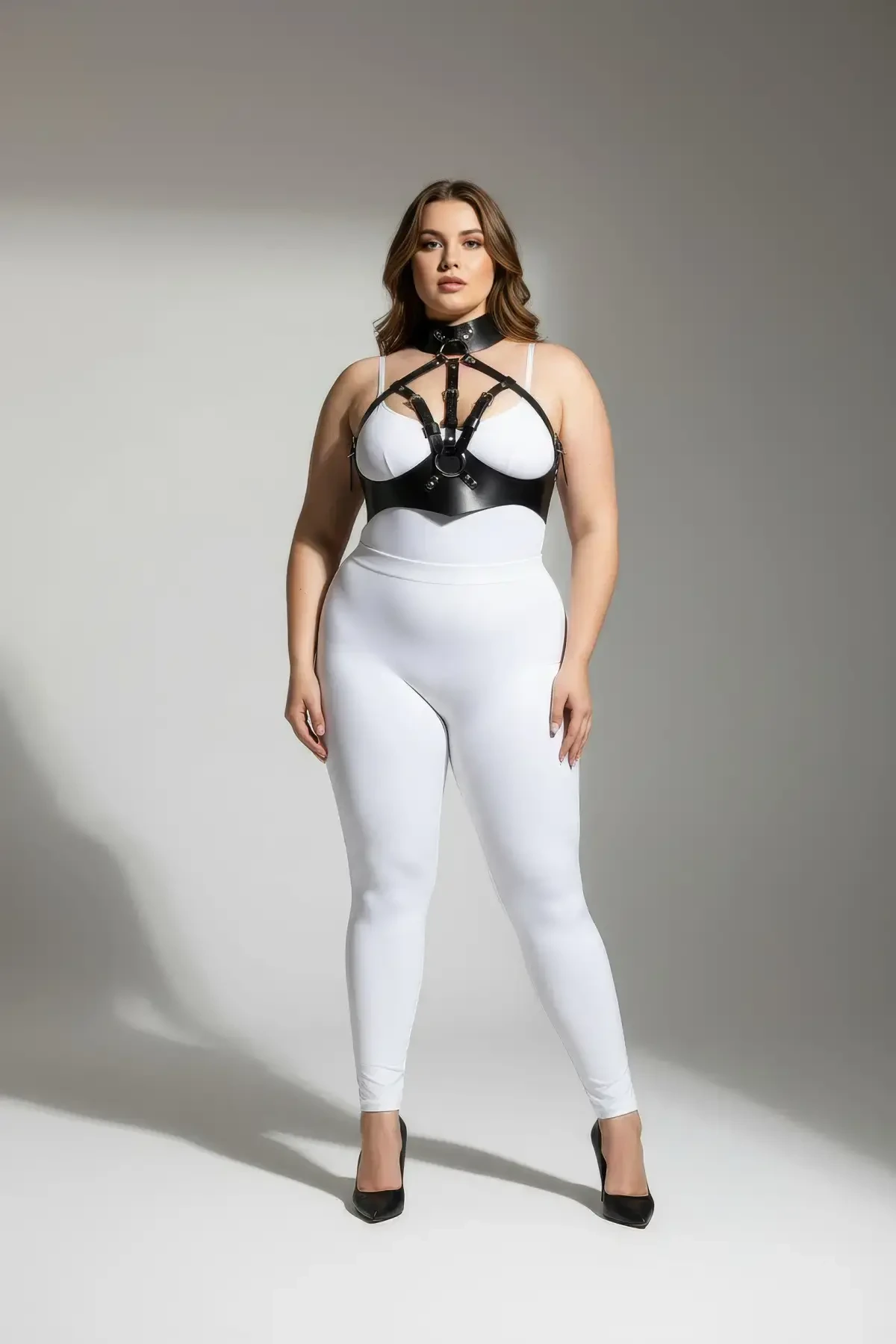 Plus Size Black Women's Leather Harness Suit High Collar Combination Accessory - APFT1286