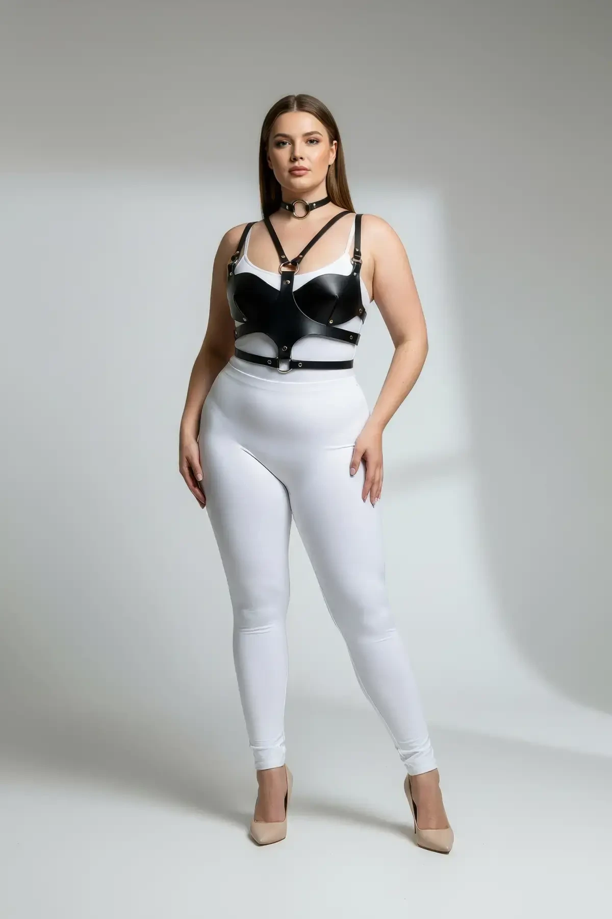 Plus Size Black Women's Leather Chest Harness Set Choker Detailed Fancy Accessory - APFT1296