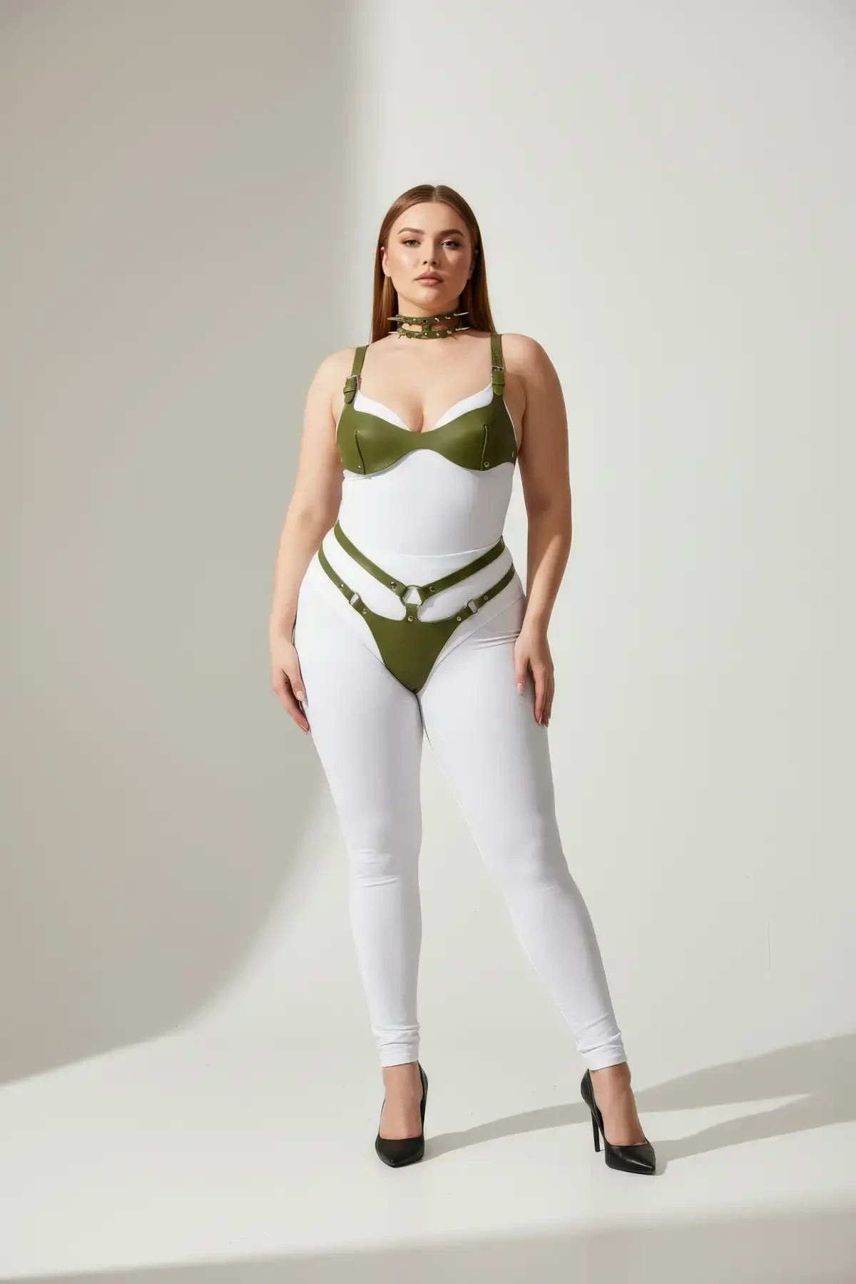 Plus Size Khaki Women's Harness Set with Leather Bra, Collar and Ring Detail Fancy Accessory - APFT1298
