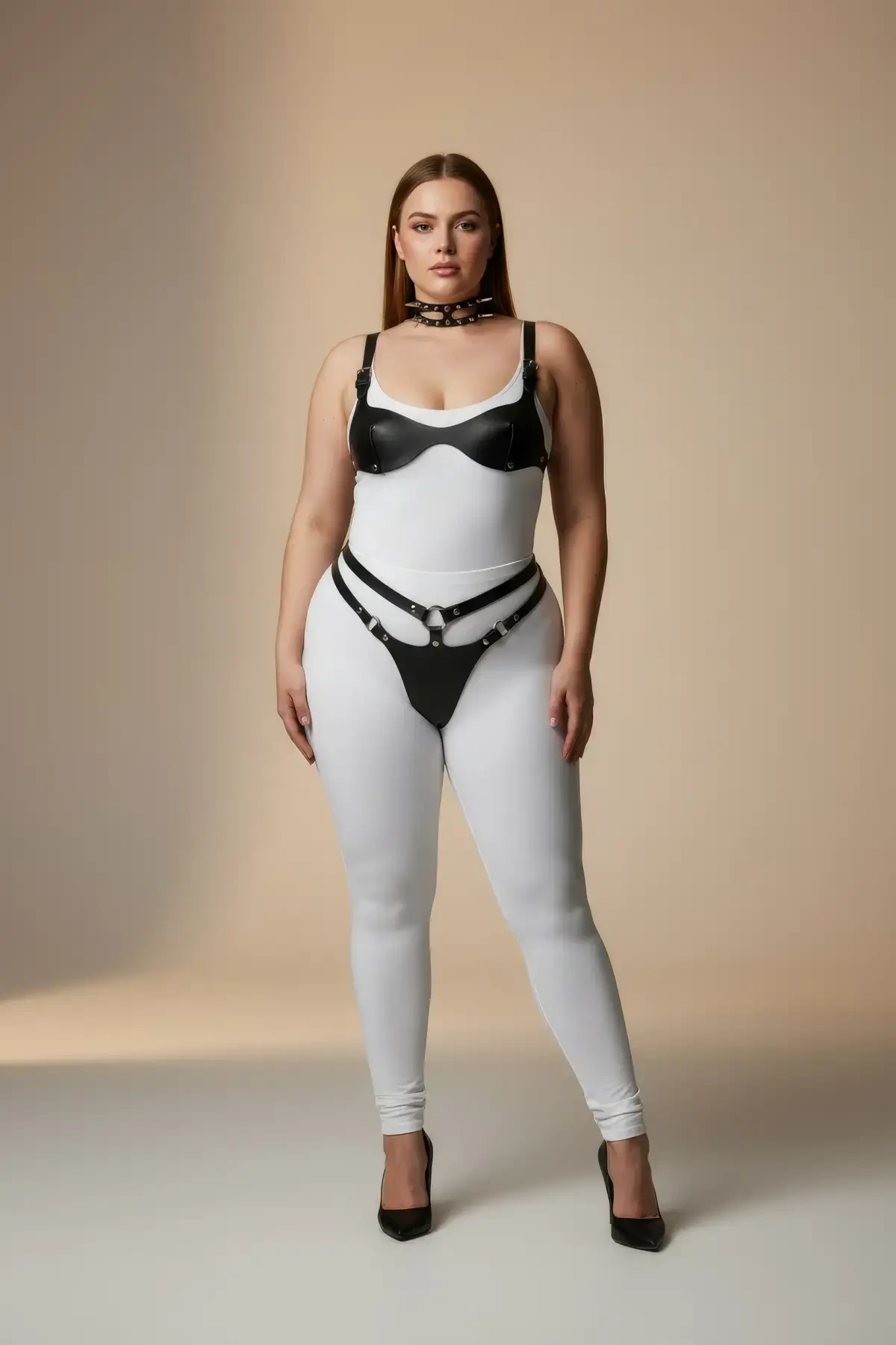 Plus Size Black Women's Leather Harness Set with Collar and Ring Detail Fancy Accessory - APFT1298