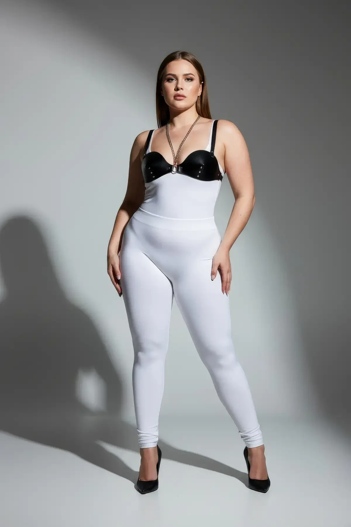 Plus Size Black Women's Harness Suit Chain Detailed Leather Body Accessory - APFT1380