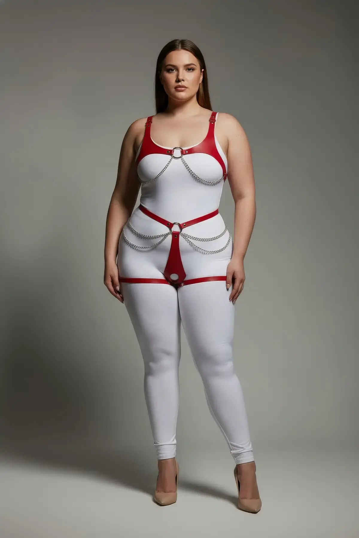 Plus Size Red Women's Leather Harness Suit Chain Detailed Body Accessory - APFT1384