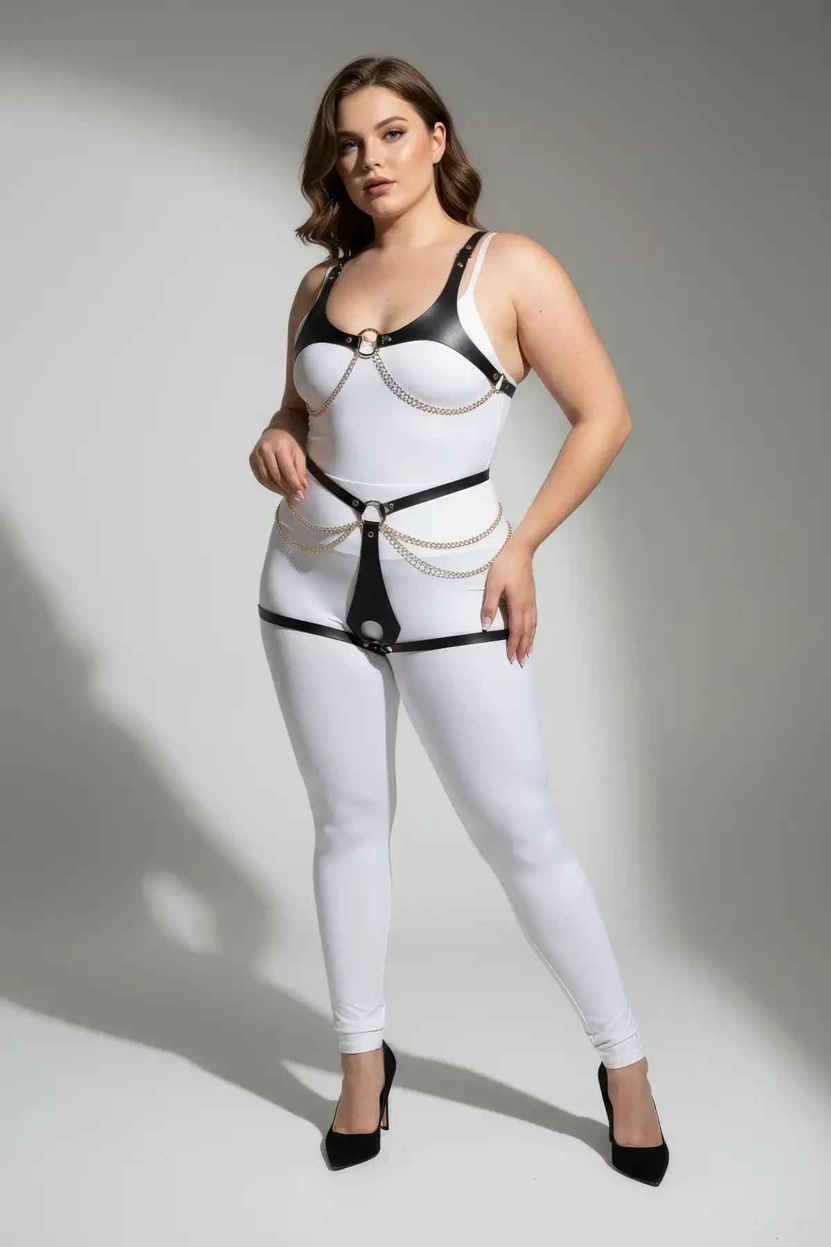 Plus Size Black Women's Leather Harness Set with Chain and Ring Detail - APFT1384