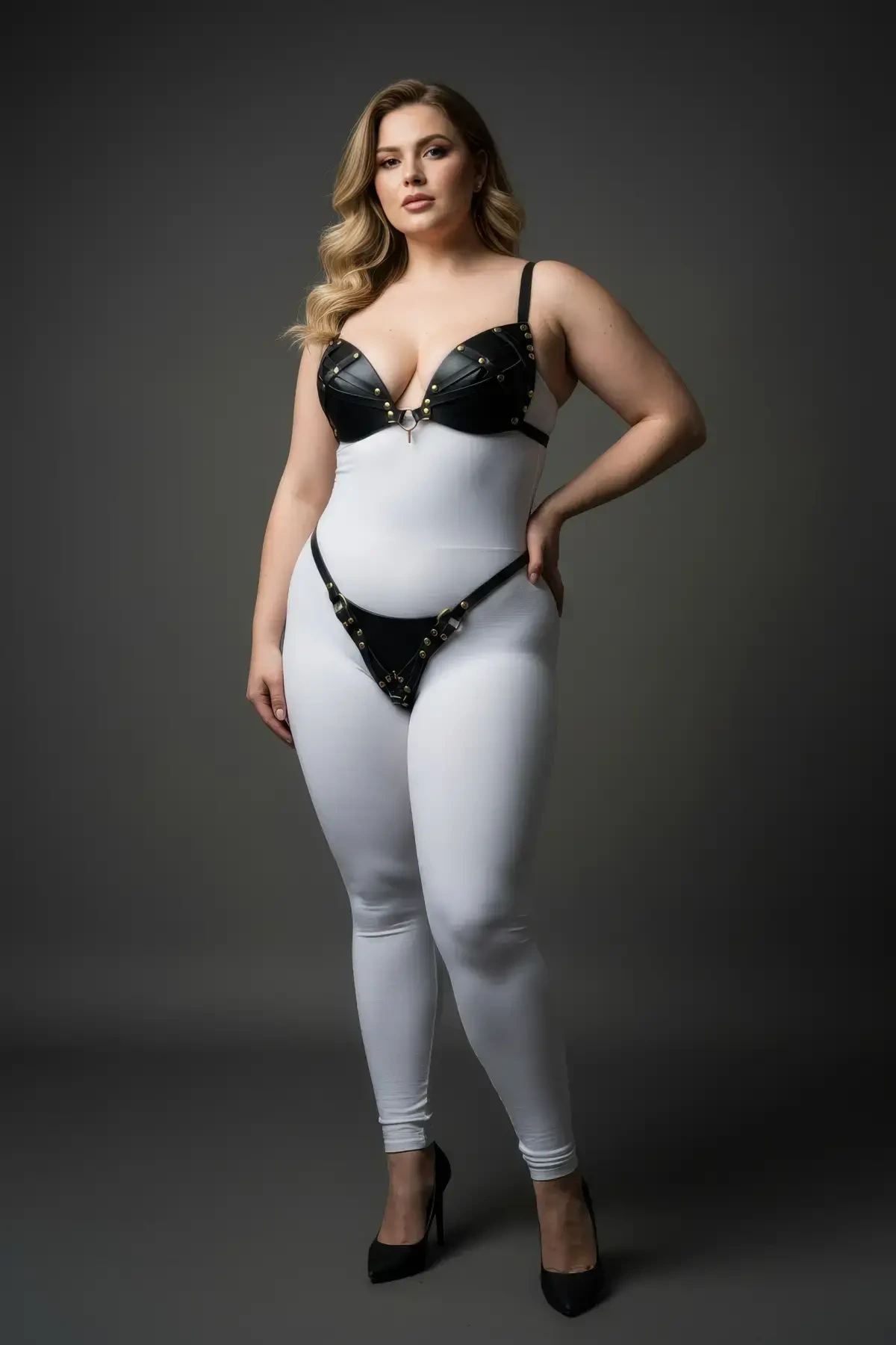 Plus Size Black Women's Harness Set Leather Look Ring Detailed Fancy Accessory - APFT1391