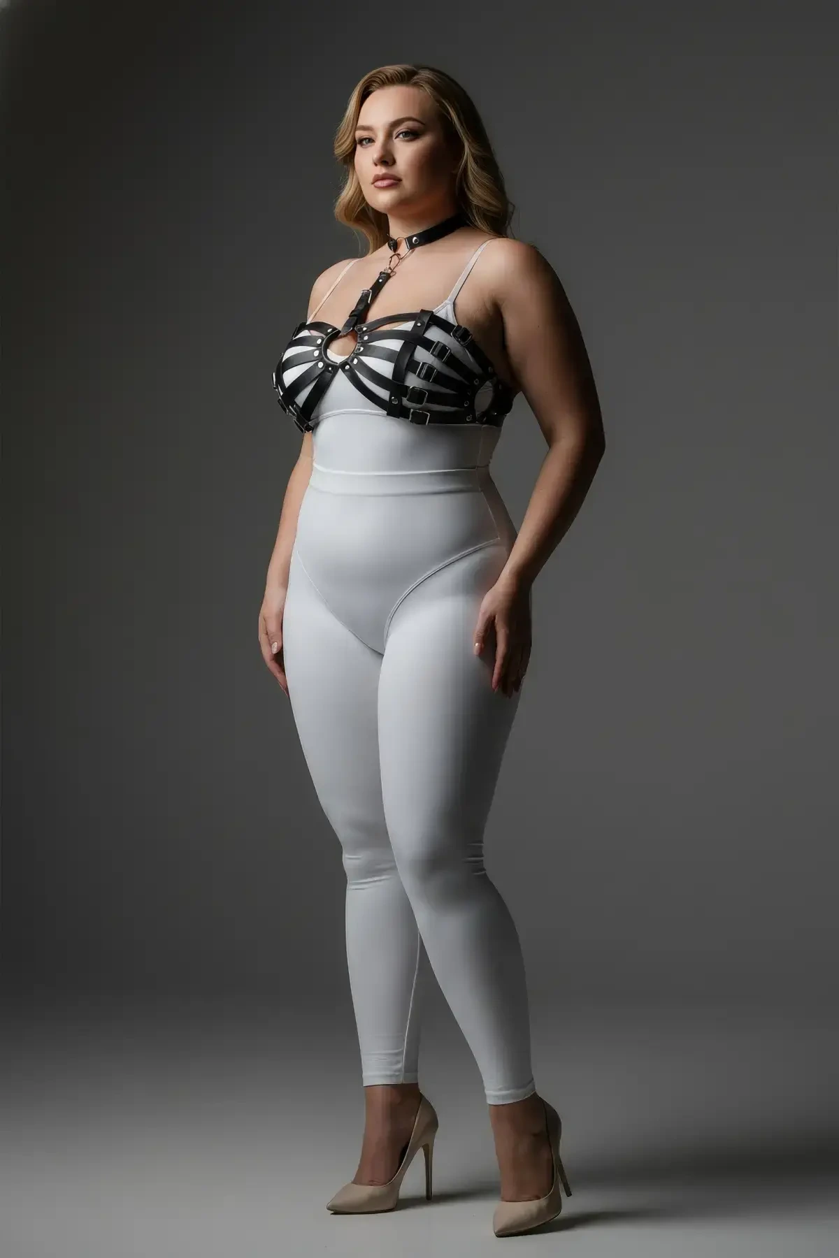 Plus Size Black Women's Harness Set with Chain and Ring Detail Fancy Accessory - APFT1408