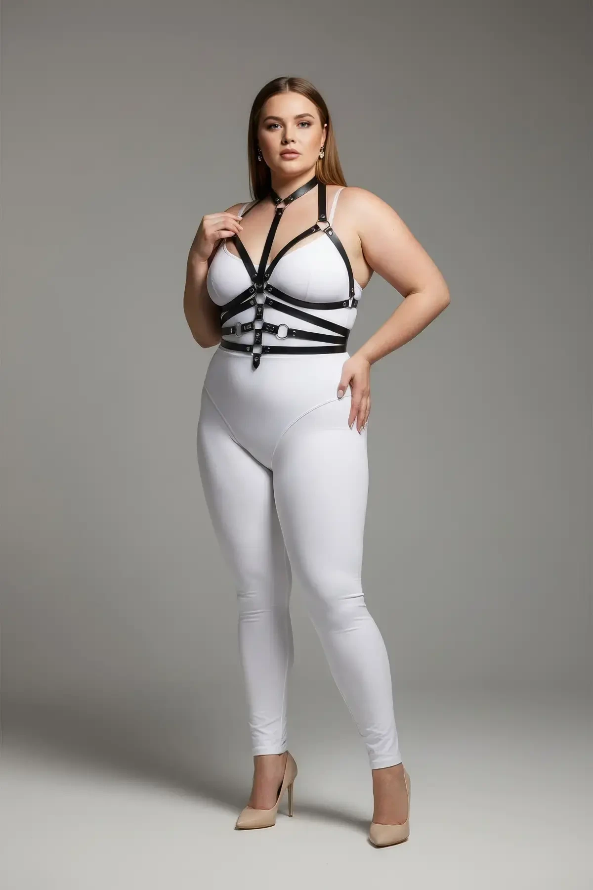 Plus Size Black Women's Leather Harness Set Fancy Accessory with Ring Detail - APFT24