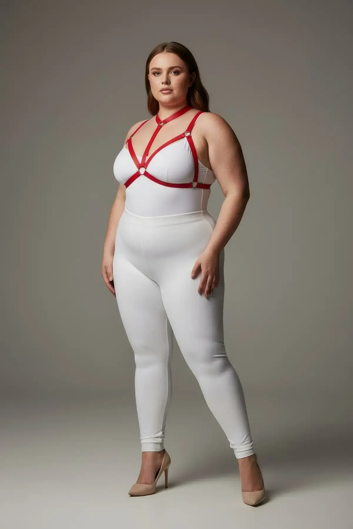 Plus Size Red Women's Harness Set Ring Detailed Rubber Fancy Accessory - APFT93