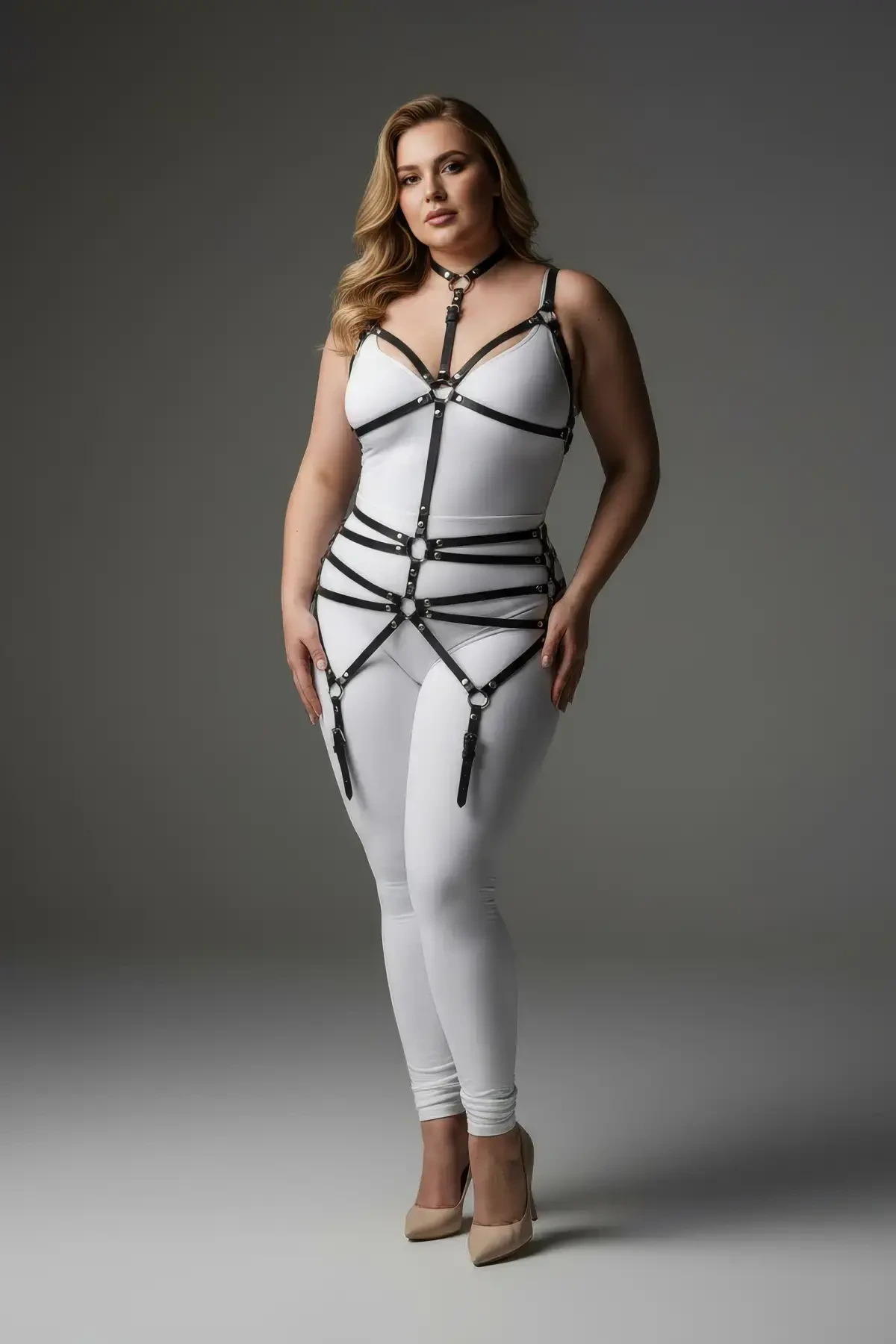 Plus Size Black Women's Leather Garter Harness Bustier Style Fantasy Accessory - APFT262