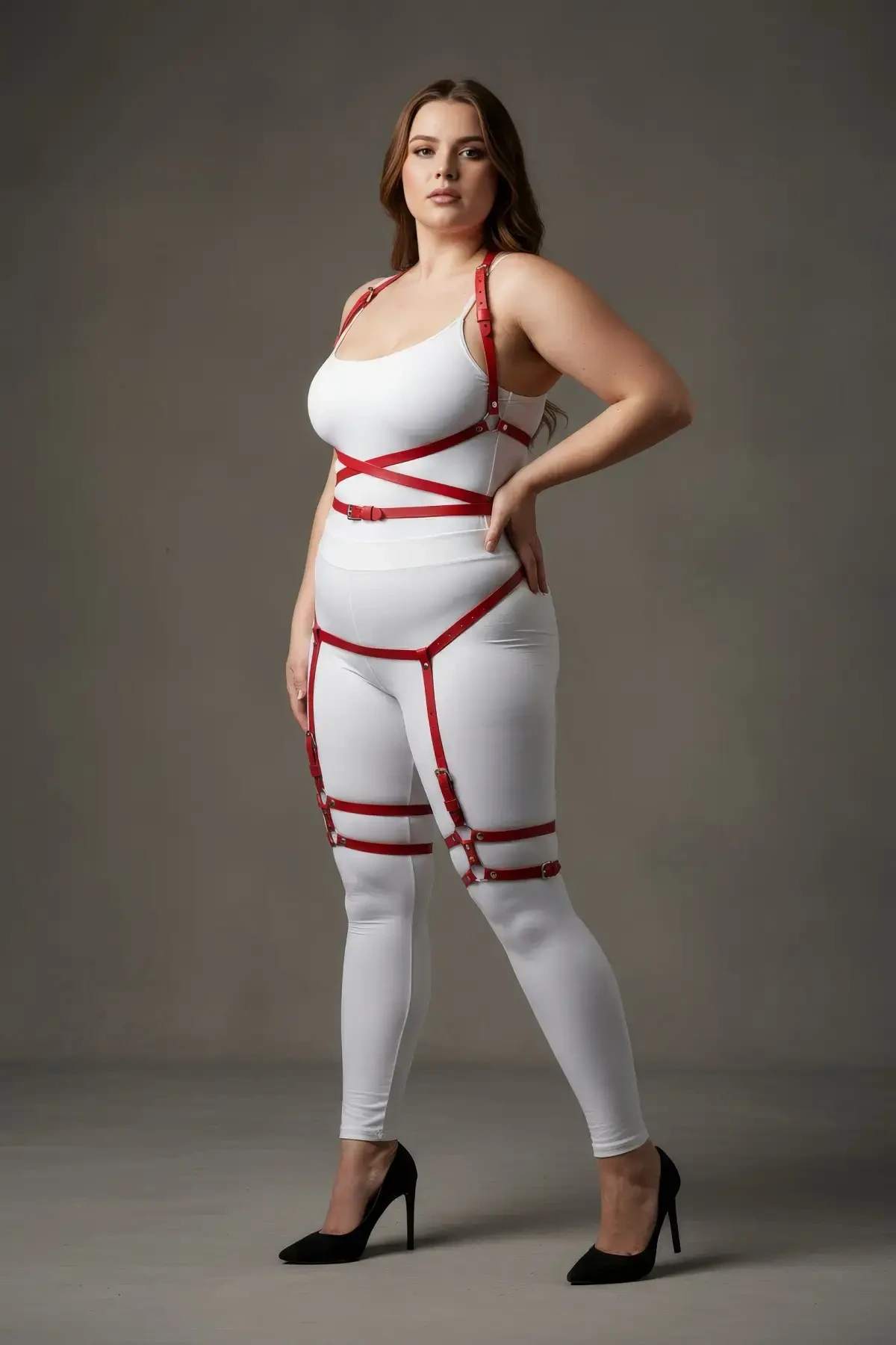 Plus Size Red Women's Garter Harness Leather Fantasy Bodysuit - APFT274